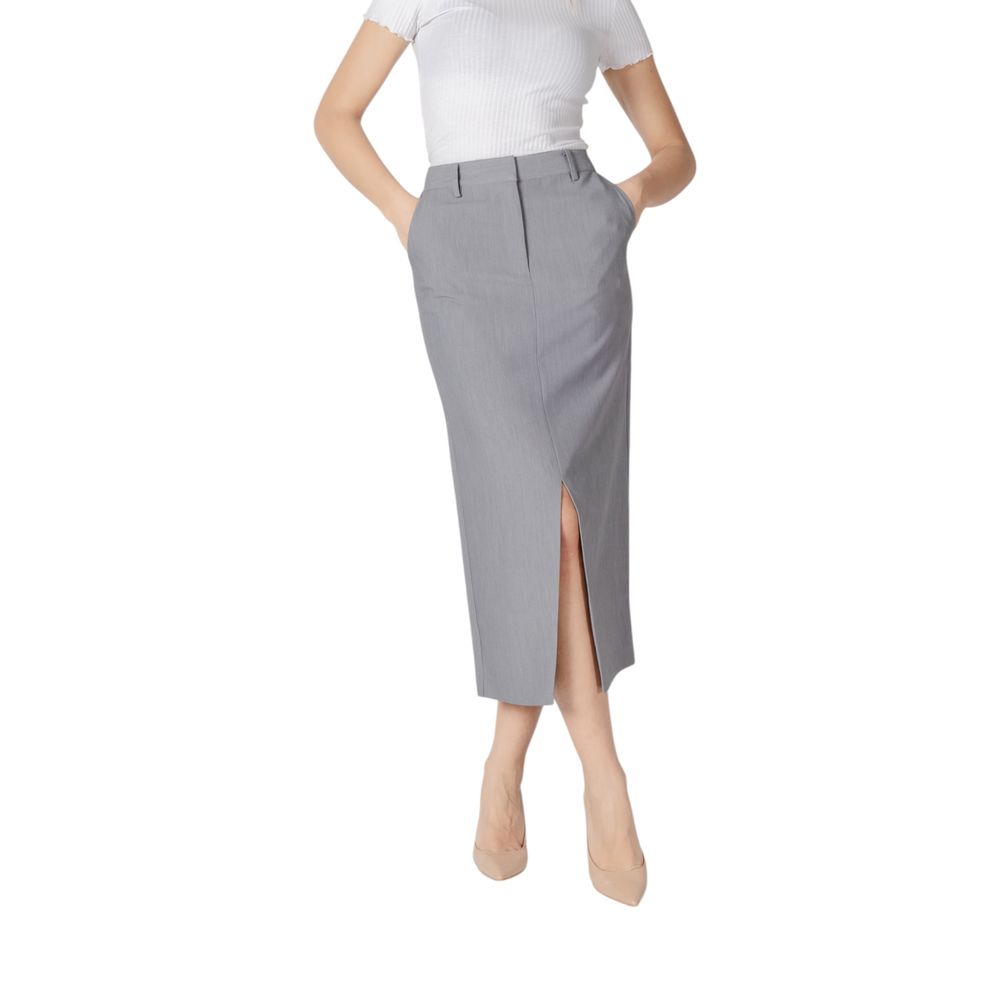 ICHI Gray Polyester Long Skirt | Regal Royce