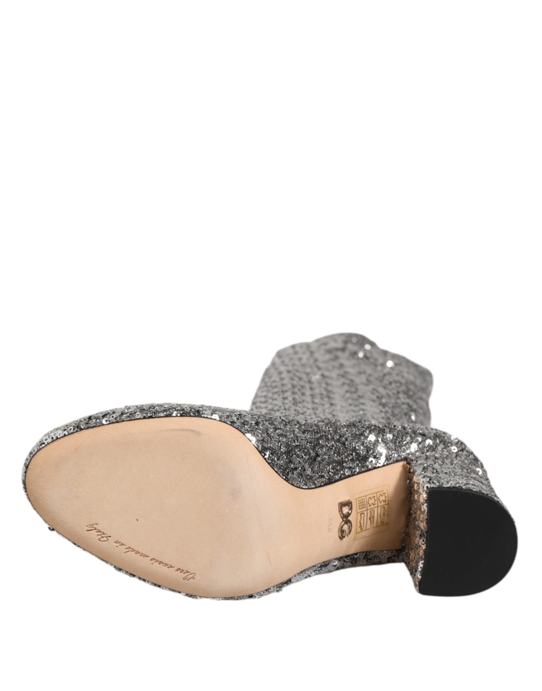 Dolce & Gabbana Silver Sequins Glitter High Heel Boot Shoes | Regal Royce