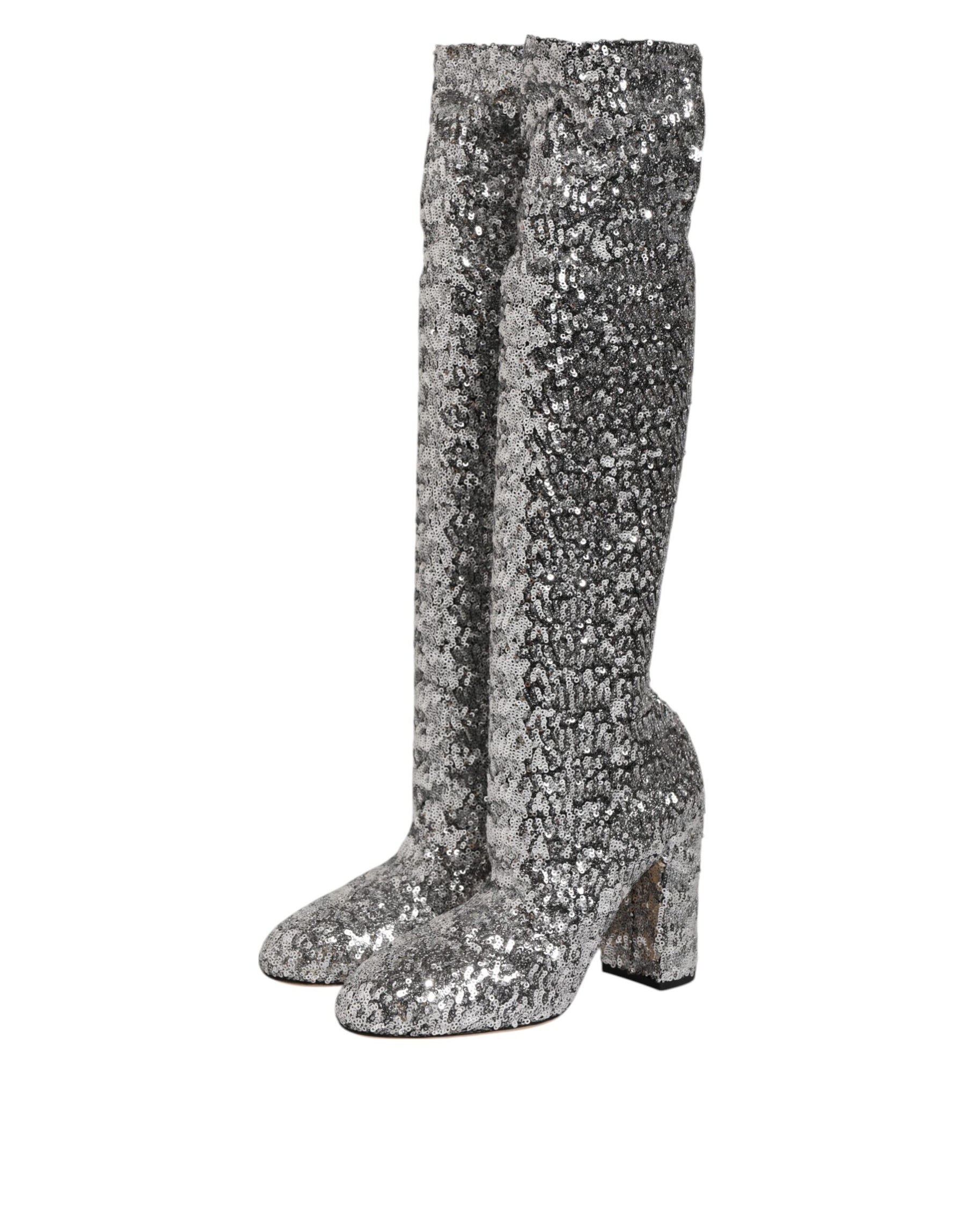 Dolce & Gabbana Silver Sequins Glitter High Heel Boot Shoes | Regal Royce