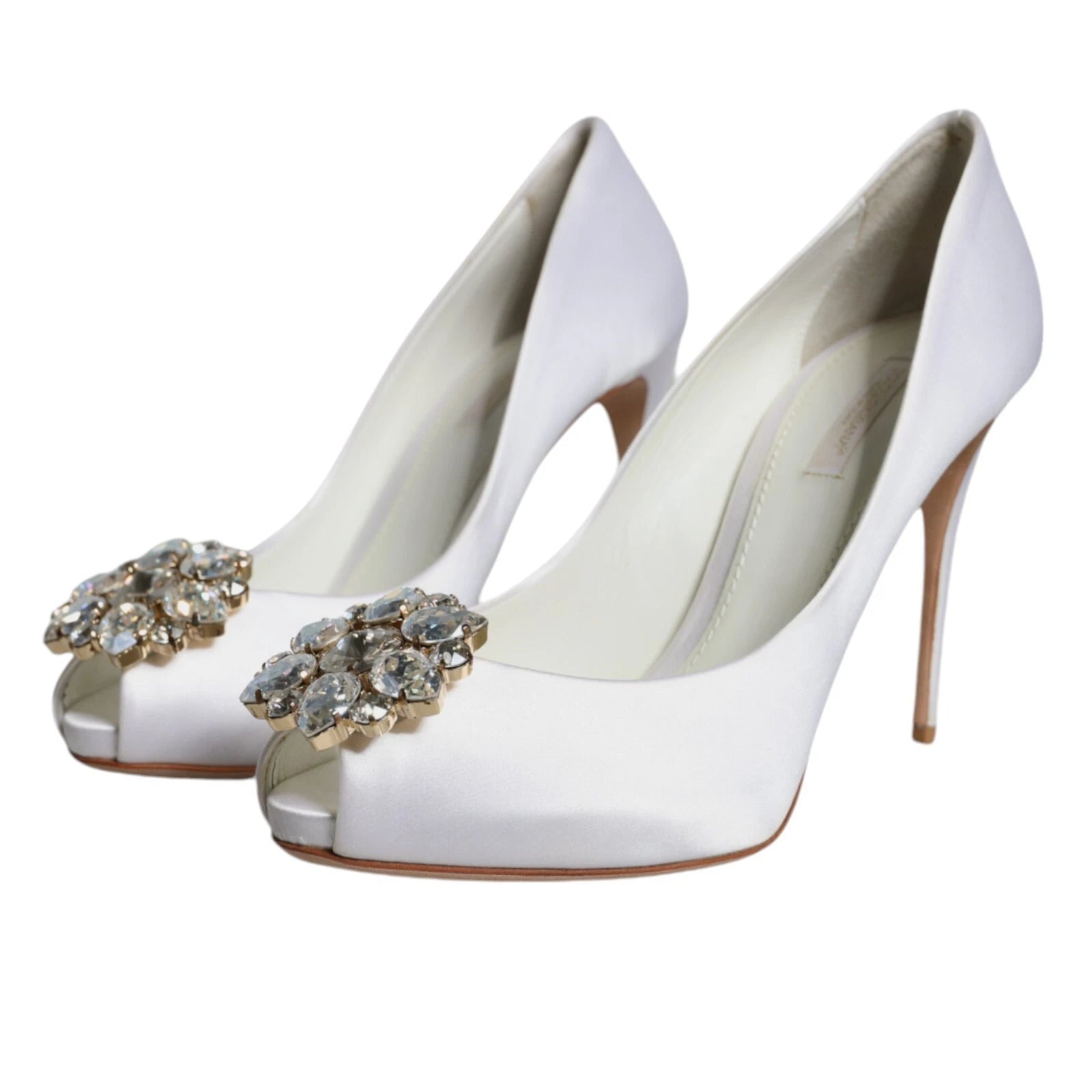 Dolce & Gabbana White Crystals Peep Toe Satin Pumps Shoes | Regal Royce