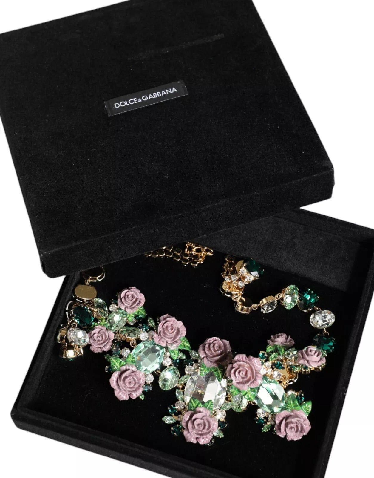 Dolce & Gabbana Gold Brass Link Chain Rose Petal Crystal Necklace | Regal Royce