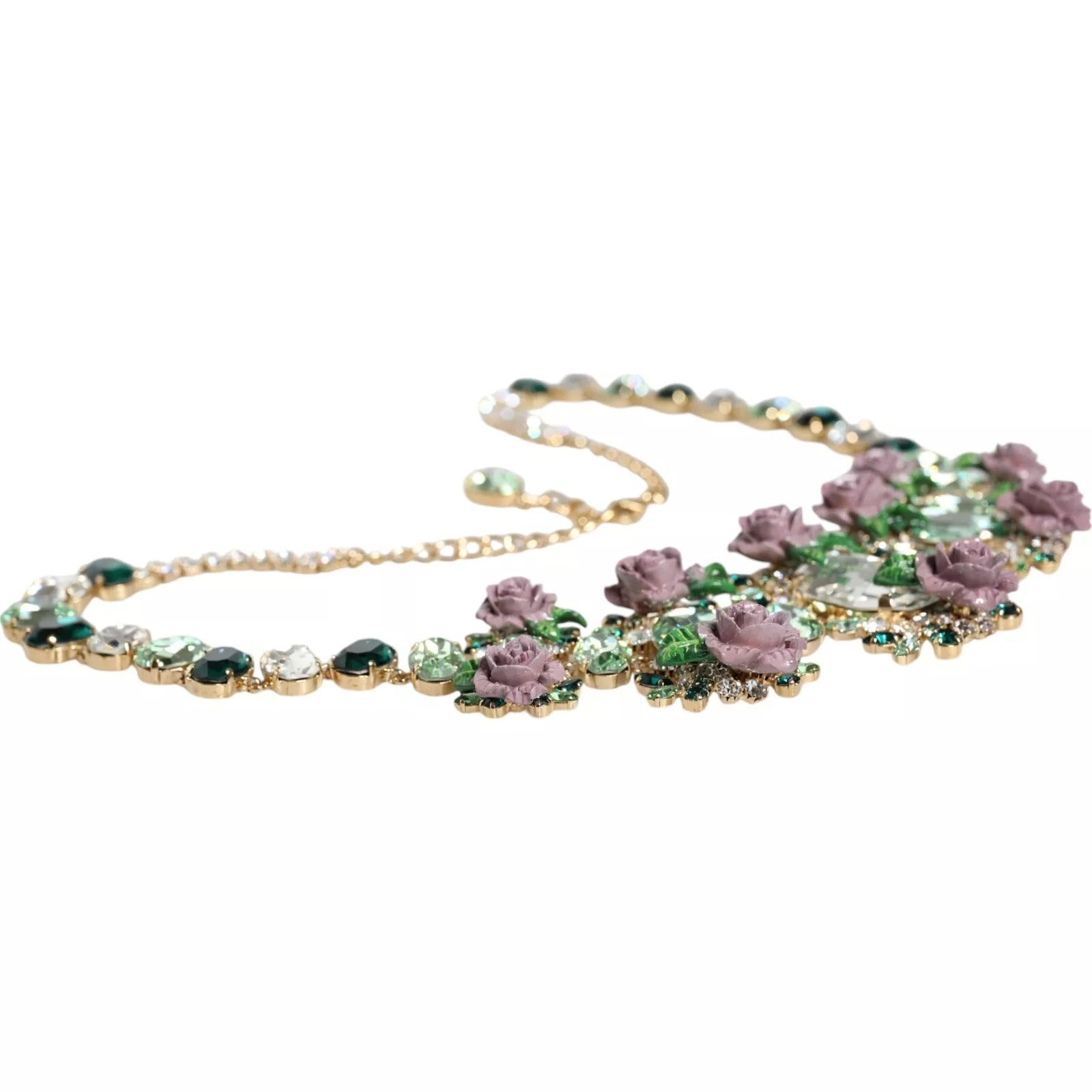 Dolce & Gabbana Gold Brass Link Chain Rose Petal Crystal Necklace | Regal Royce
