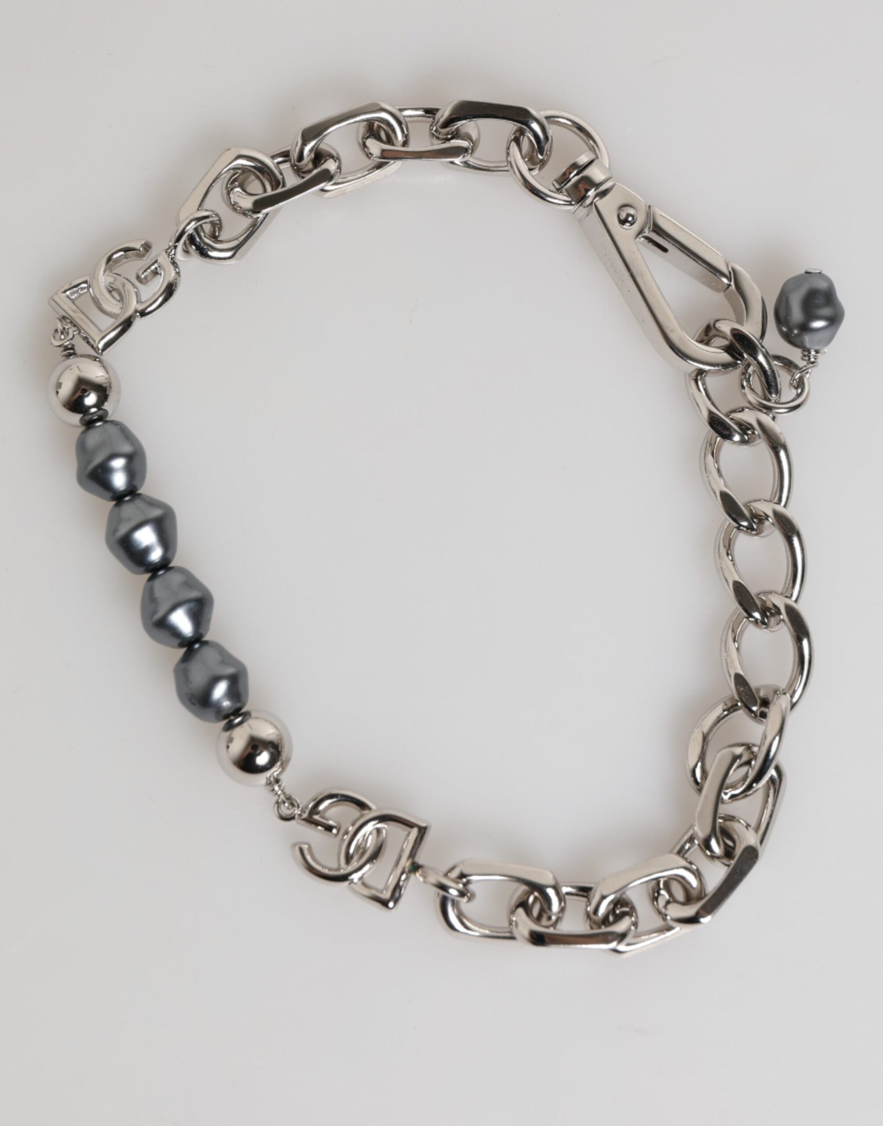 Dolce & Gabbana Silver Tone Chain Lobster Clasp Logo Gray Pearls Bracelet | Regal Royce