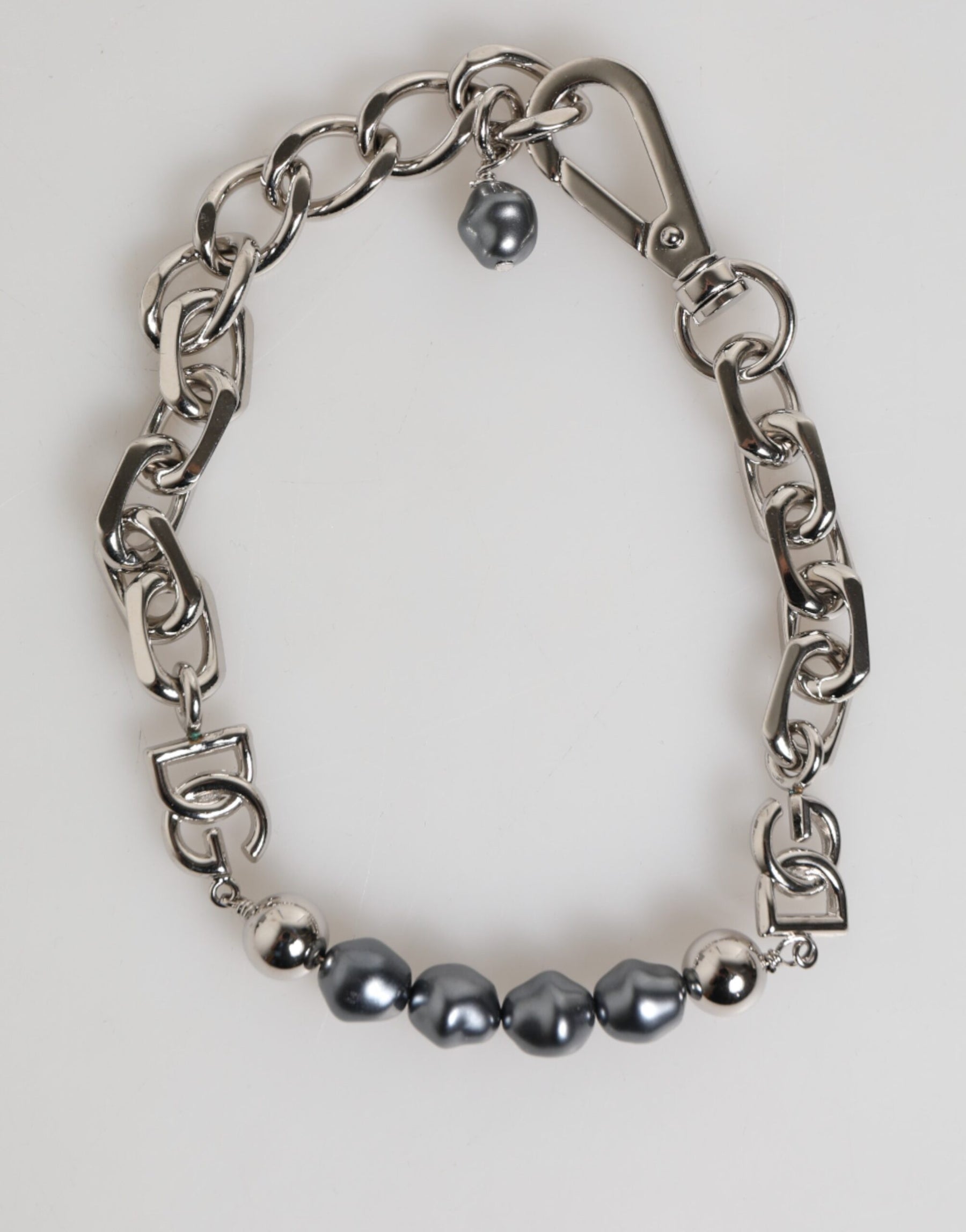 Dolce & Gabbana Silver Tone Chain Lobster Clasp Logo Gray Pearls Bracelet | Regal Royce