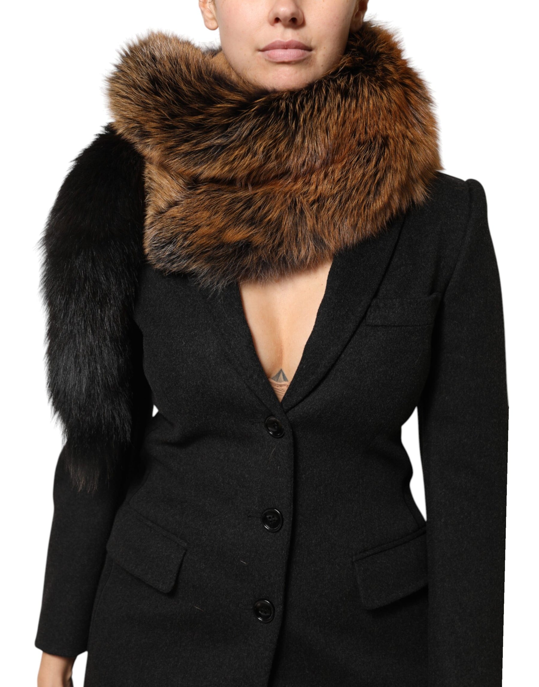 Dolce & Gabbana Brown Red Fox Fur Neck Cashmere Warmer Scarf | Regal Royce