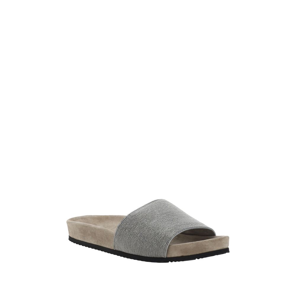 Brunello Cucinelli Brown Calf Leather Bos Taurus Flat Sandals | Regal Royce