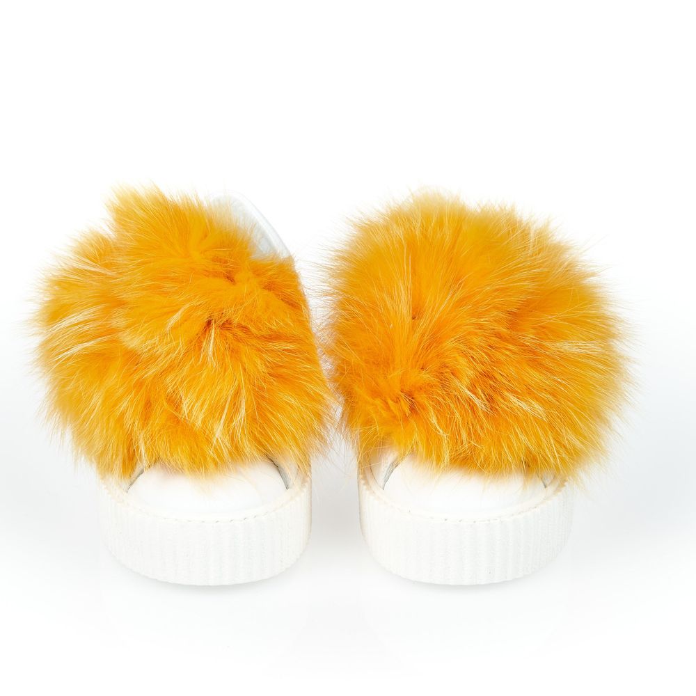 Mr&Mrs Italy White Textile Women Sneaker With Real Fur Pom Poms | Regal Royce