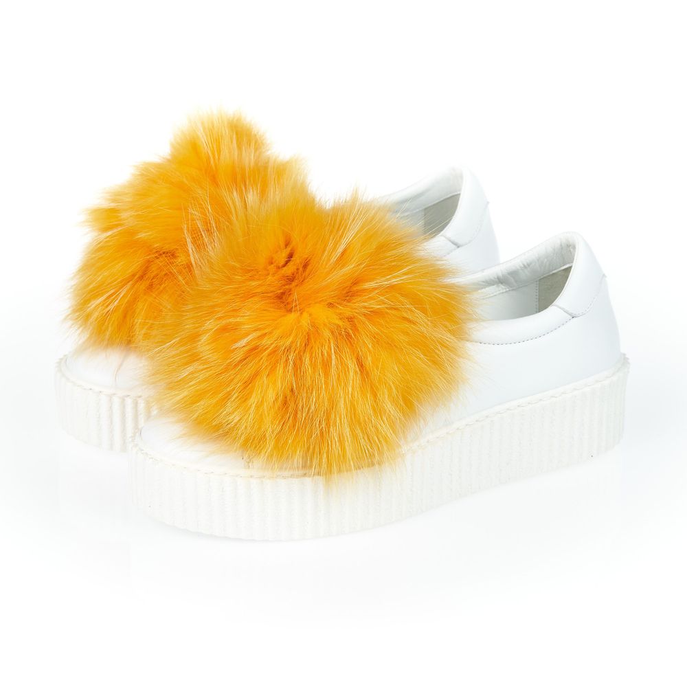 Mr&Mrs Italy White Textile Women Sneaker With Real Fur Pom Poms