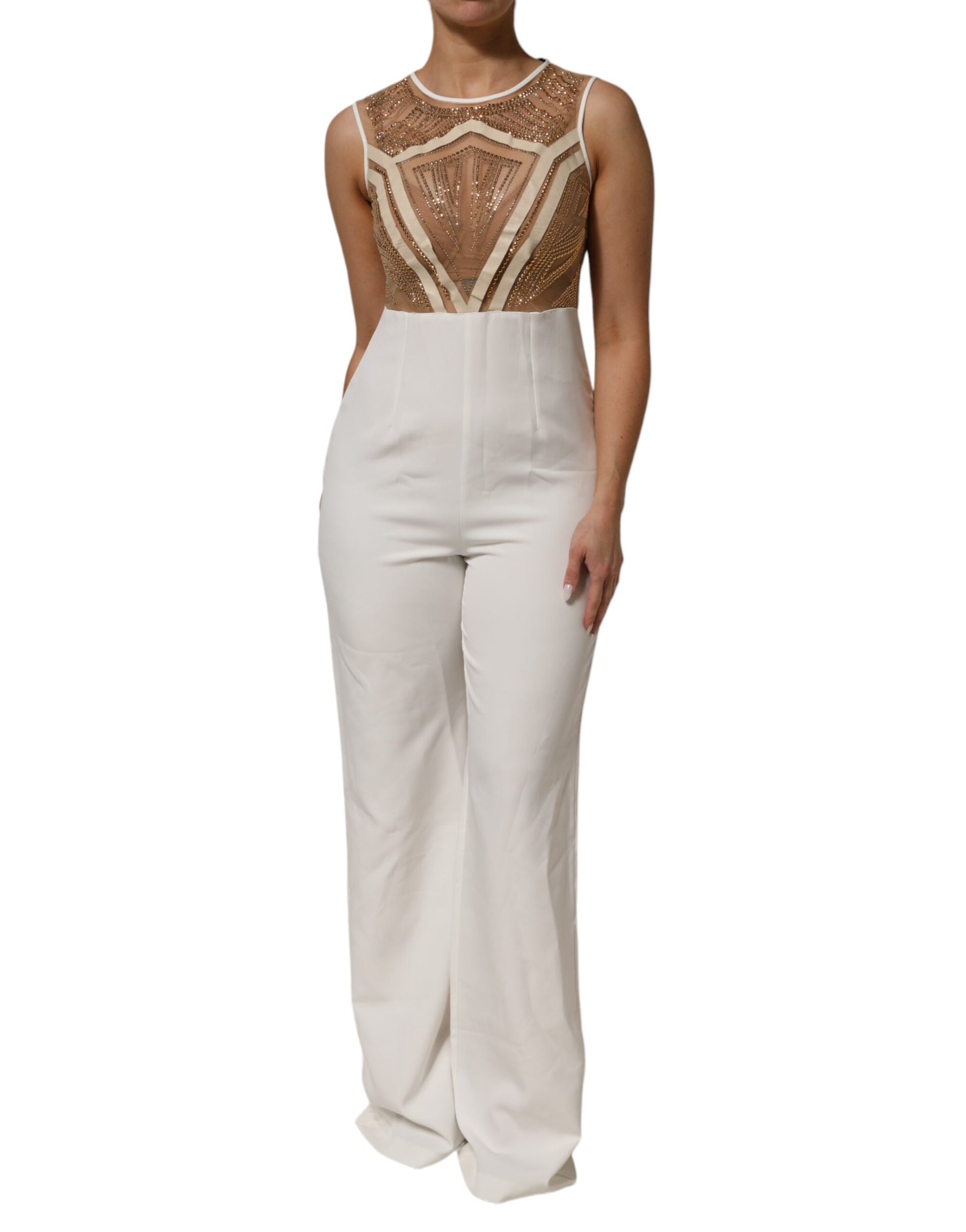 Mangano White Beige Mesh Crystal Embellished Sleeveless Jumpsuit | Regal Royce