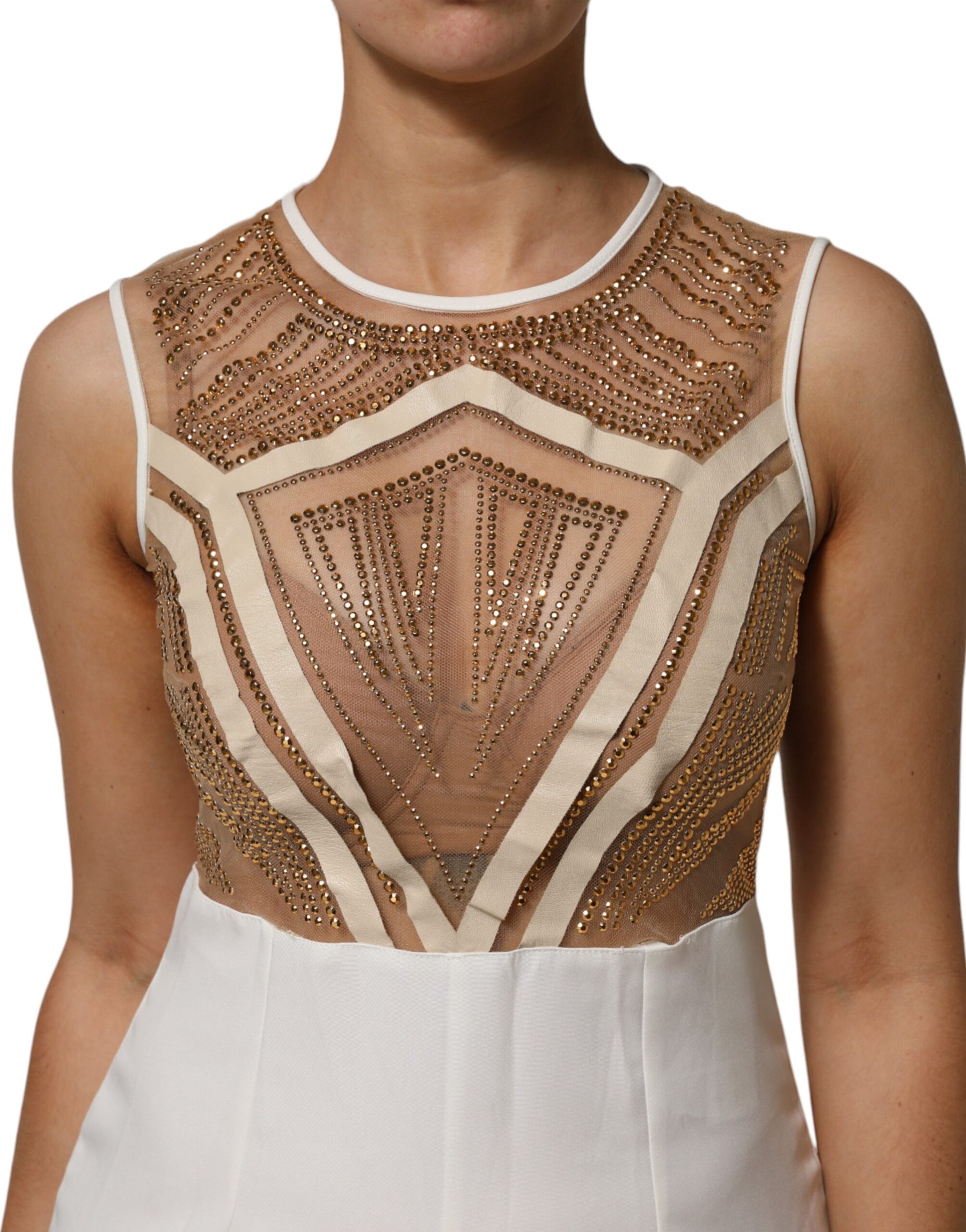 Mangano White Beige Mesh Crystal Embellished Sleeveless Jumpsuit | Regal Royce