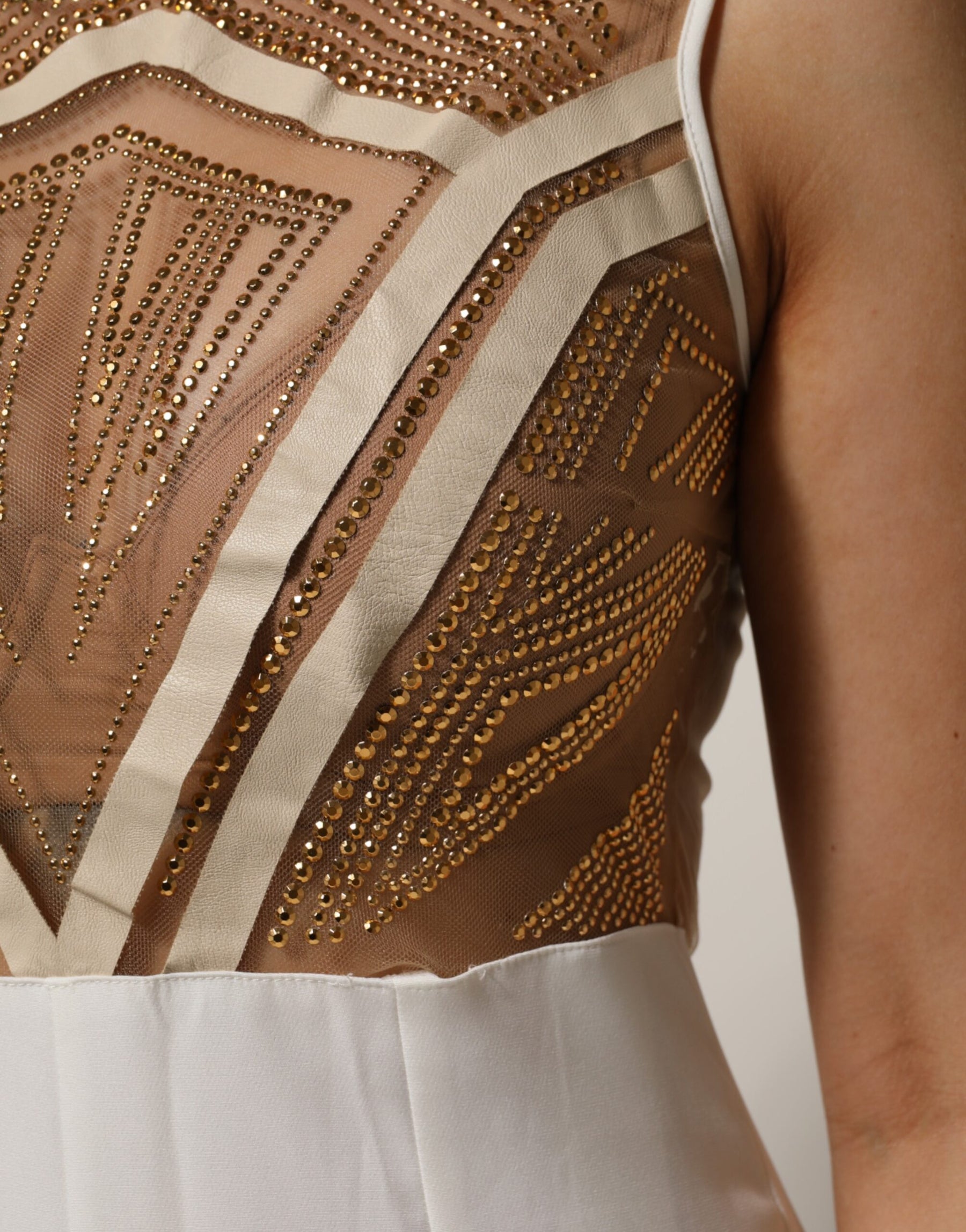 Mangano White Beige Mesh Crystal Embellished Sleeveless Jumpsuit | Regal Royce