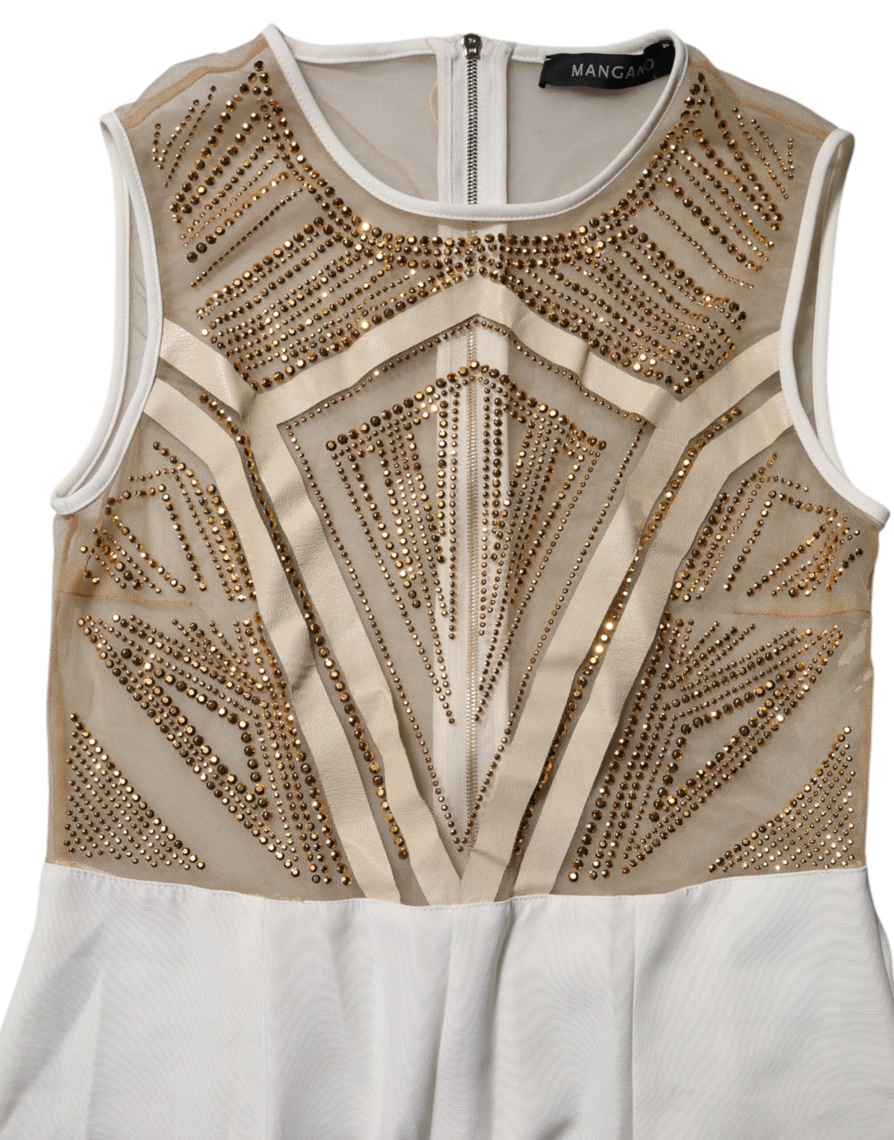 Mangano White Beige Mesh Crystal Embellished Sleeveless Jumpsuit | Regal Royce