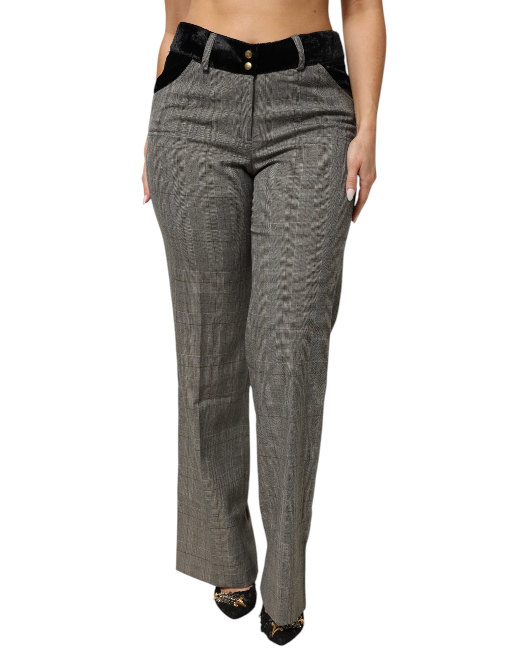 BENCIVENGA Gray Wool Blend Plaid Straight Leg Velvet Waist Pants | Regal Royce