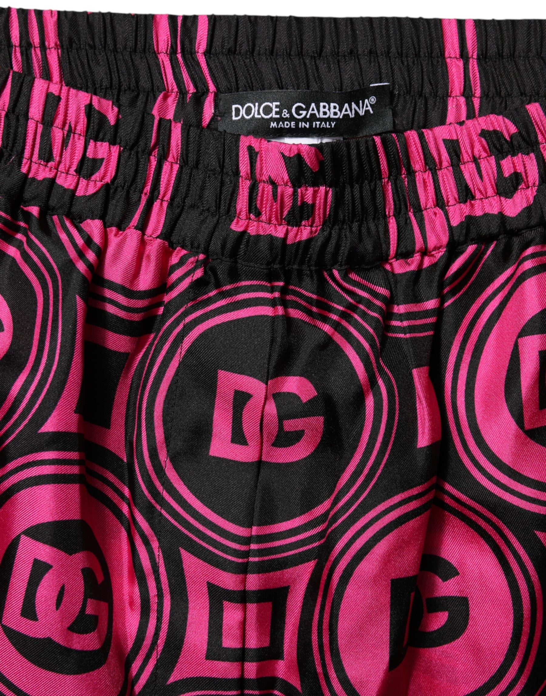 Dolce & Gabbana Pink Black Silk Logo Print DG Pattern Shorts | Regal Royce