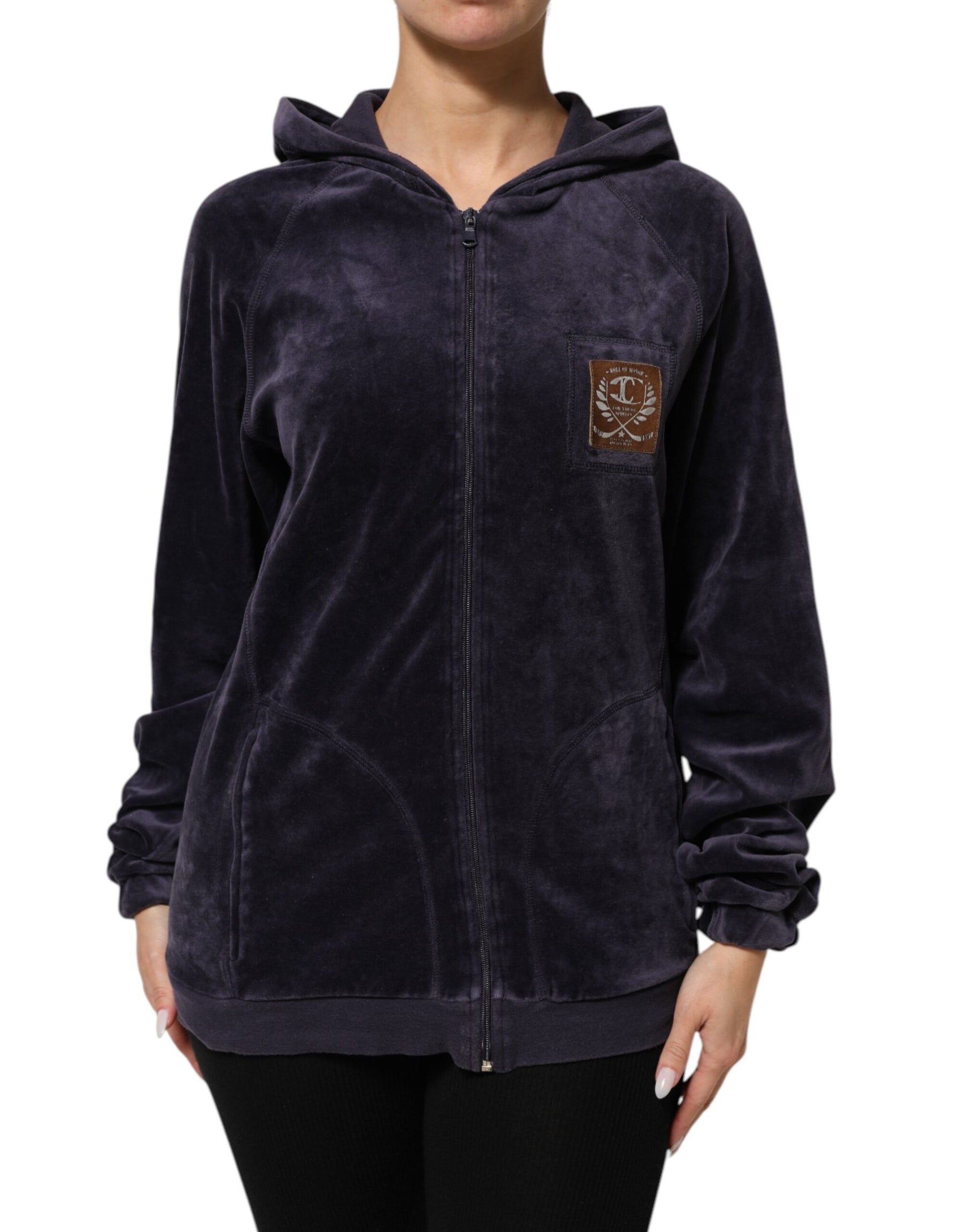 Cavalli Class Purple Cotton Blend Velvet Zip-Up Hoodie Sweatshirt Sweater | Regal Royce