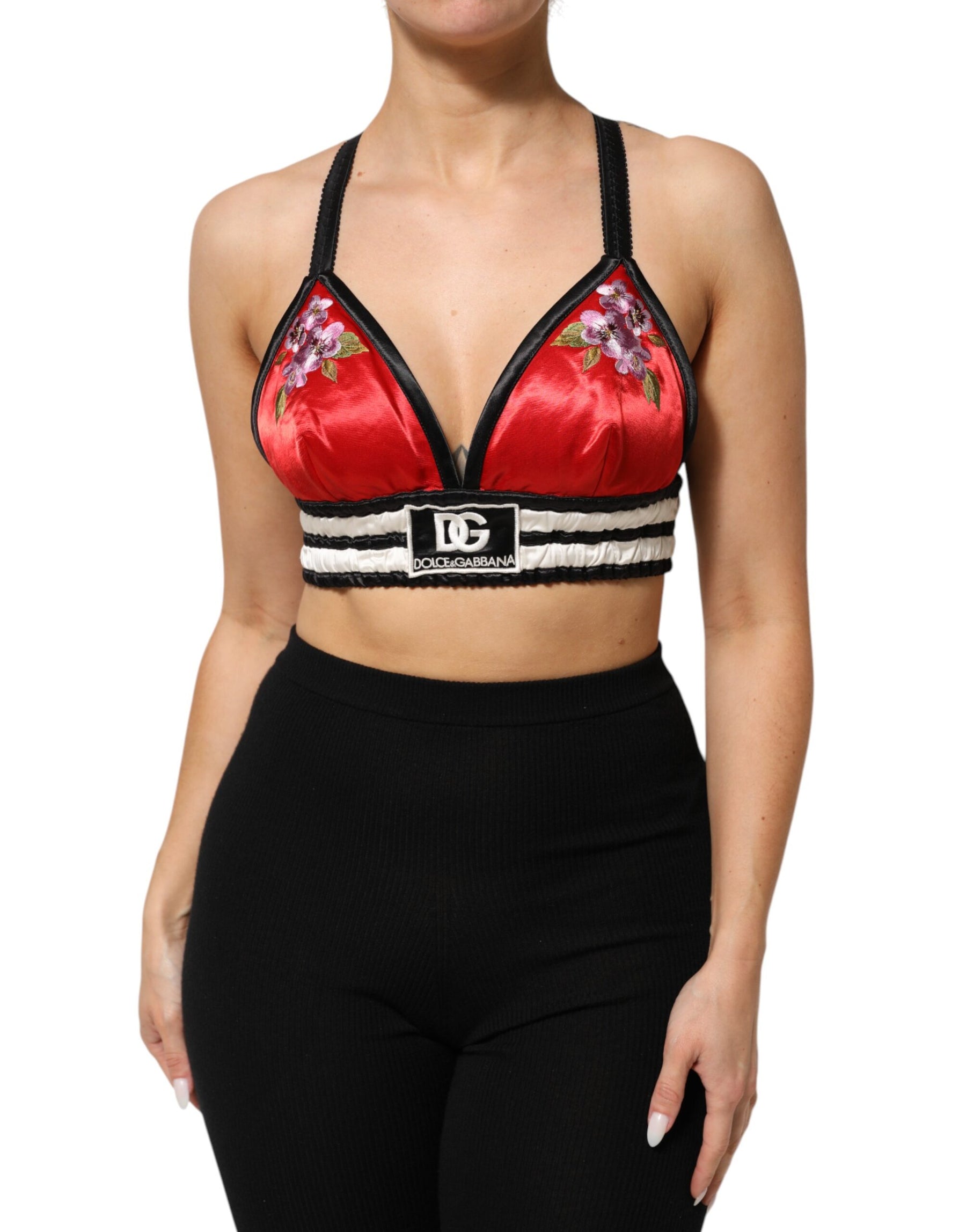 Dolce & Gabbana Red Satin Floral Embroidered Bralette Crop Top | Regal Royce