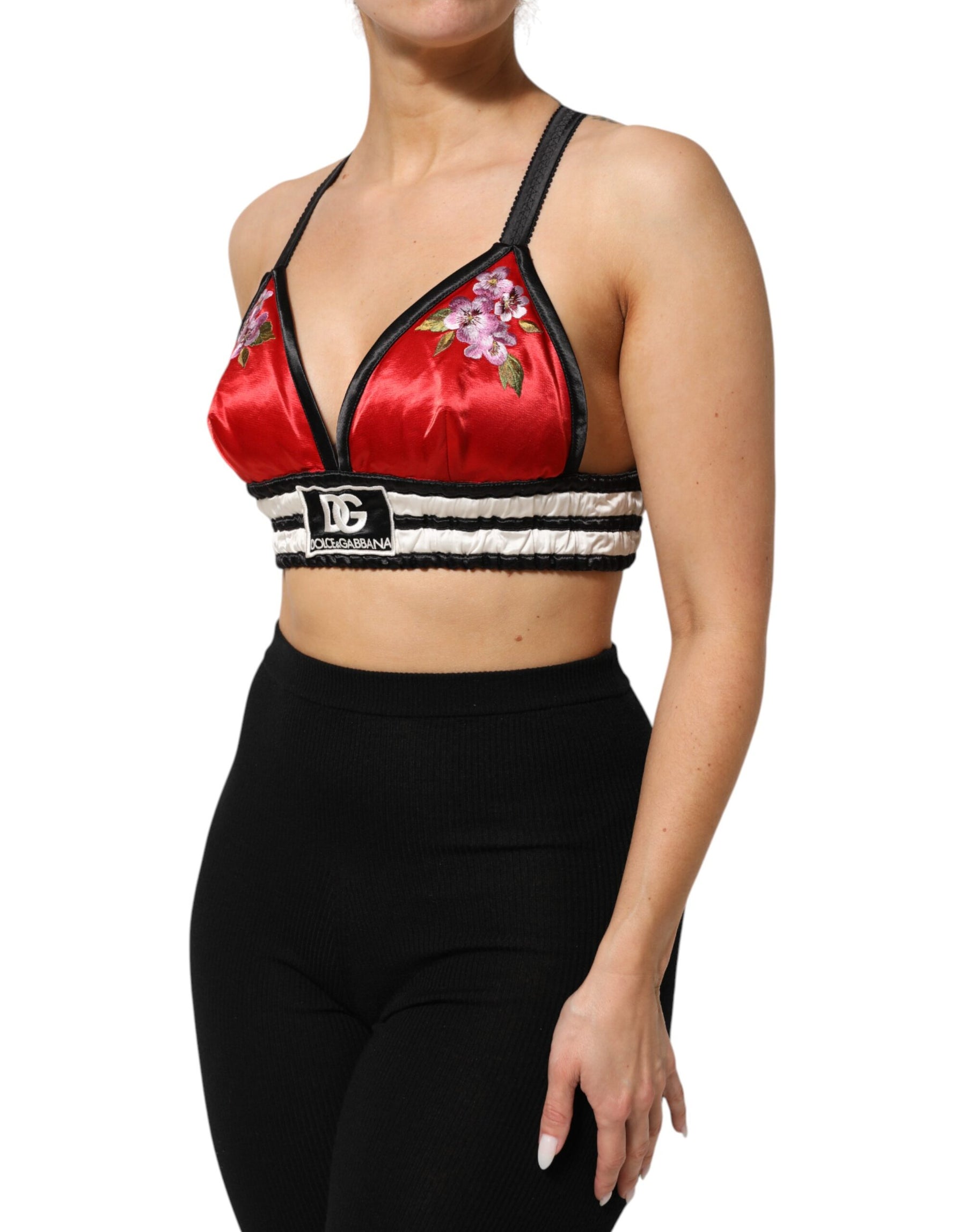 Dolce & Gabbana Red Satin Floral Embroidered Bralette Crop Top | Regal Royce