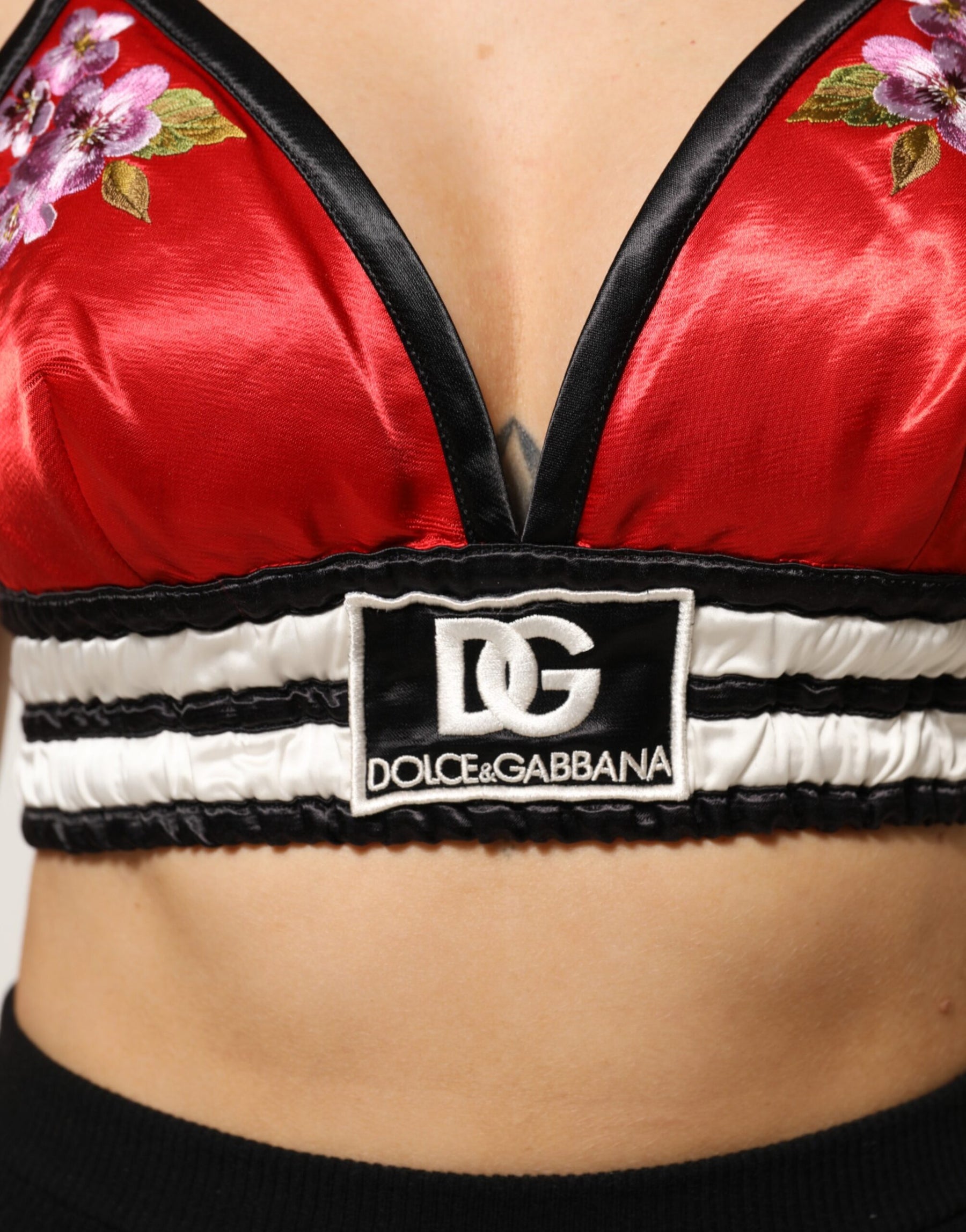 Dolce & Gabbana Red Satin Floral Embroidered Bralette Crop Top | Regal Royce
