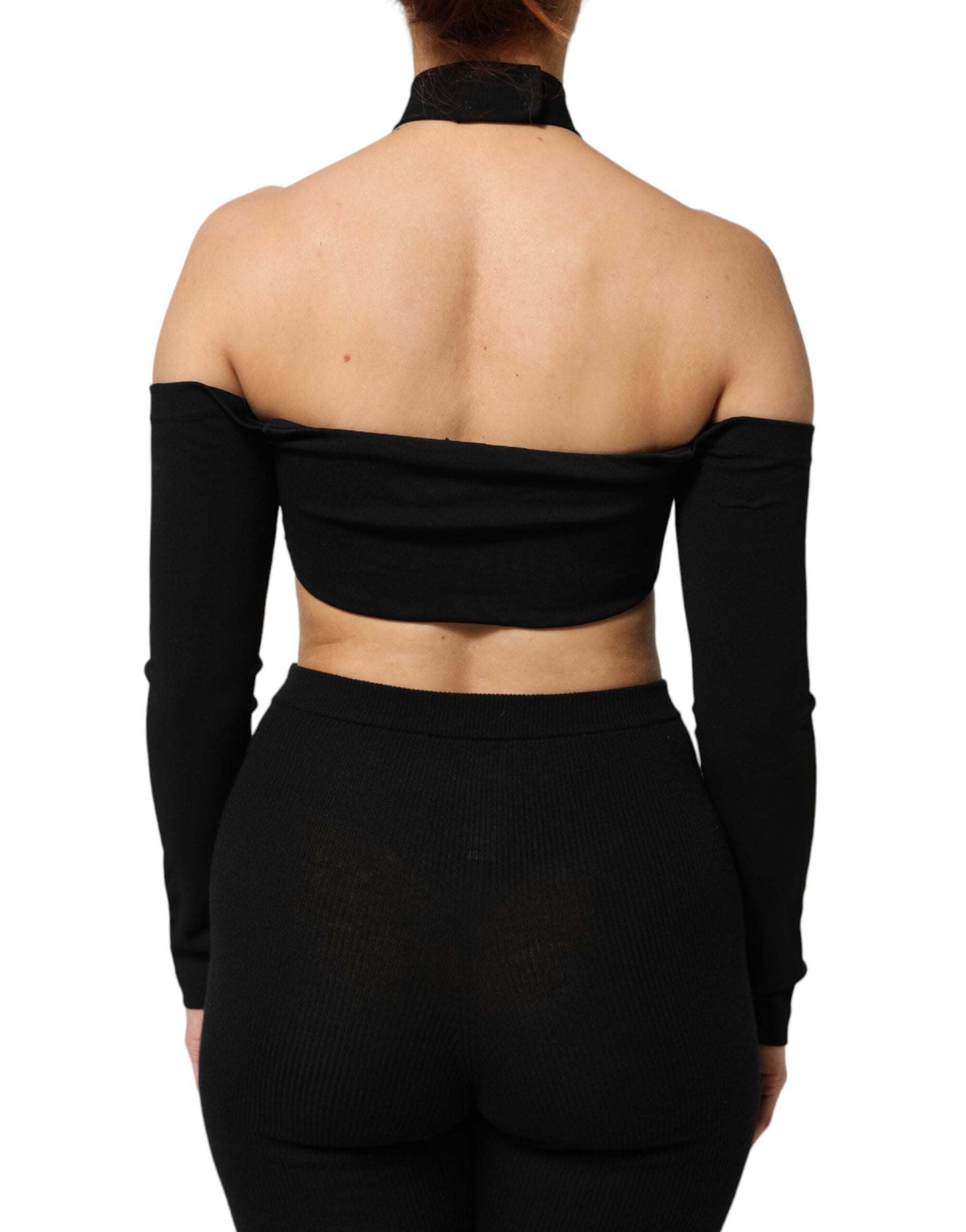 Dolce & Gabbana Black Viscose Halter Off Shoulder Cropped Top | Regal Royce