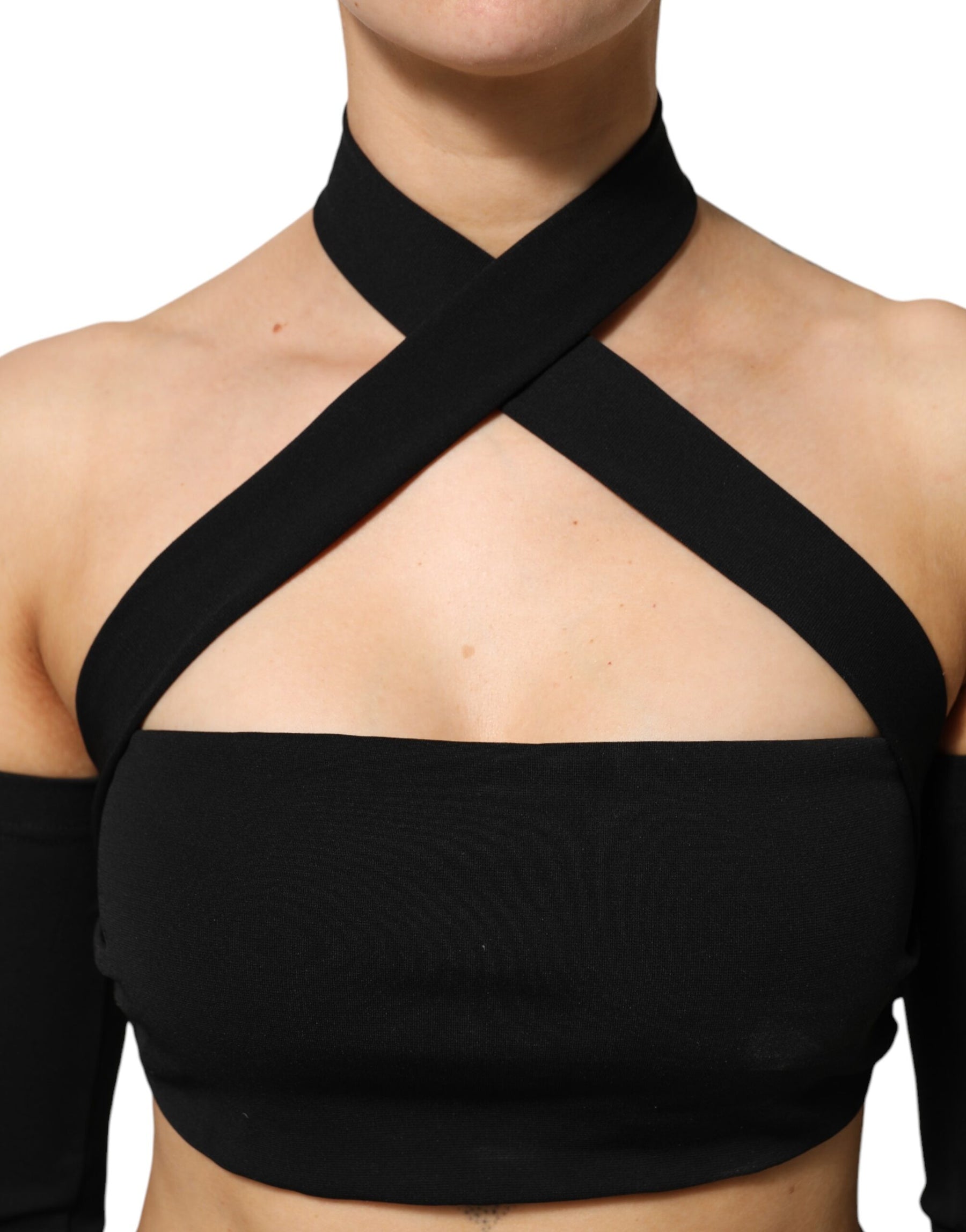 Dolce & Gabbana Black Viscose Halter Off Shoulder Cropped Top | Regal Royce