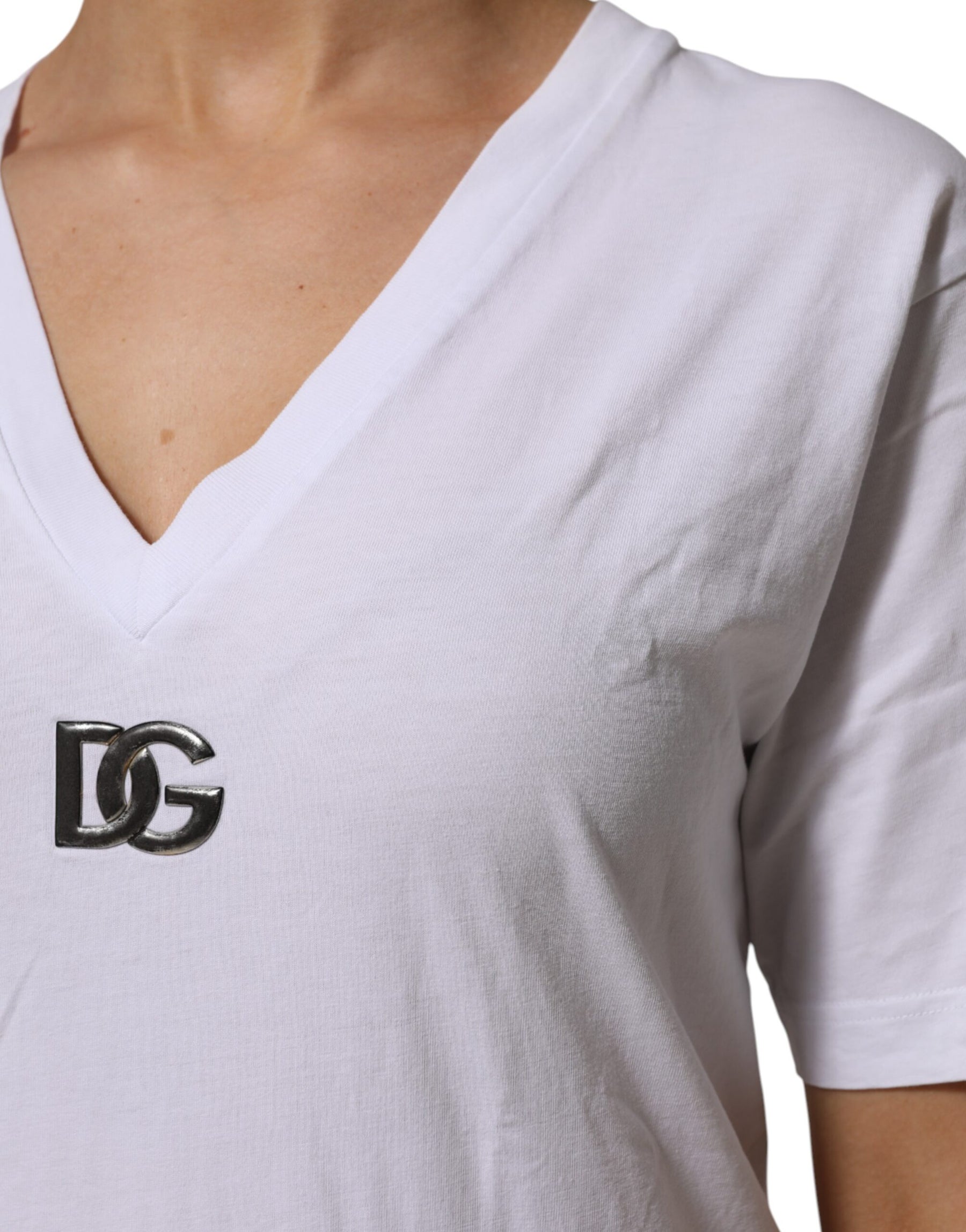 Dolce & Gabbana White Cotton V-Neck Short Sleeves T-Shirt | Regal Royce