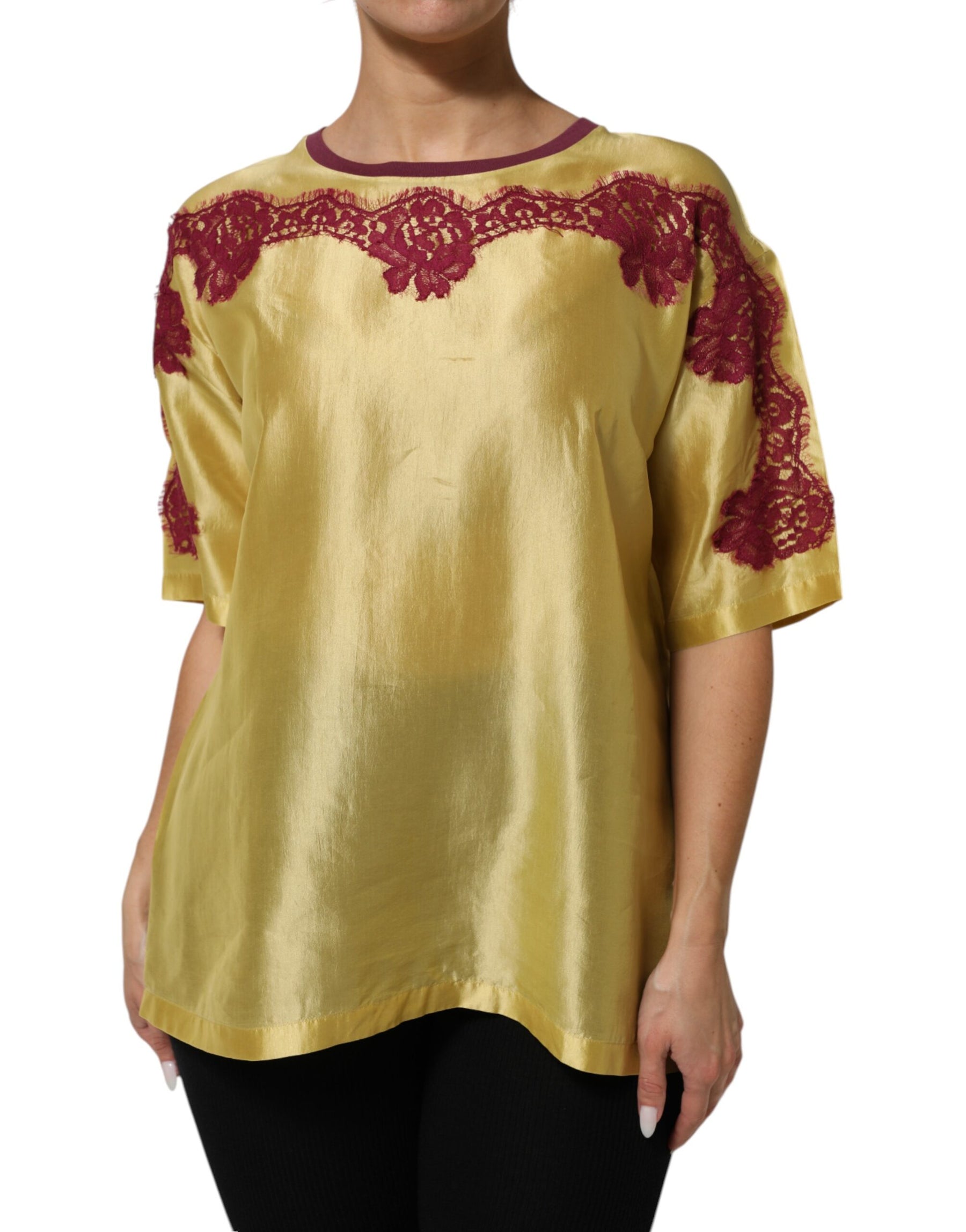Dolce & Gabbana Yellow Silk Satin Floral Lace Short Sleeves Top | Regal Royce