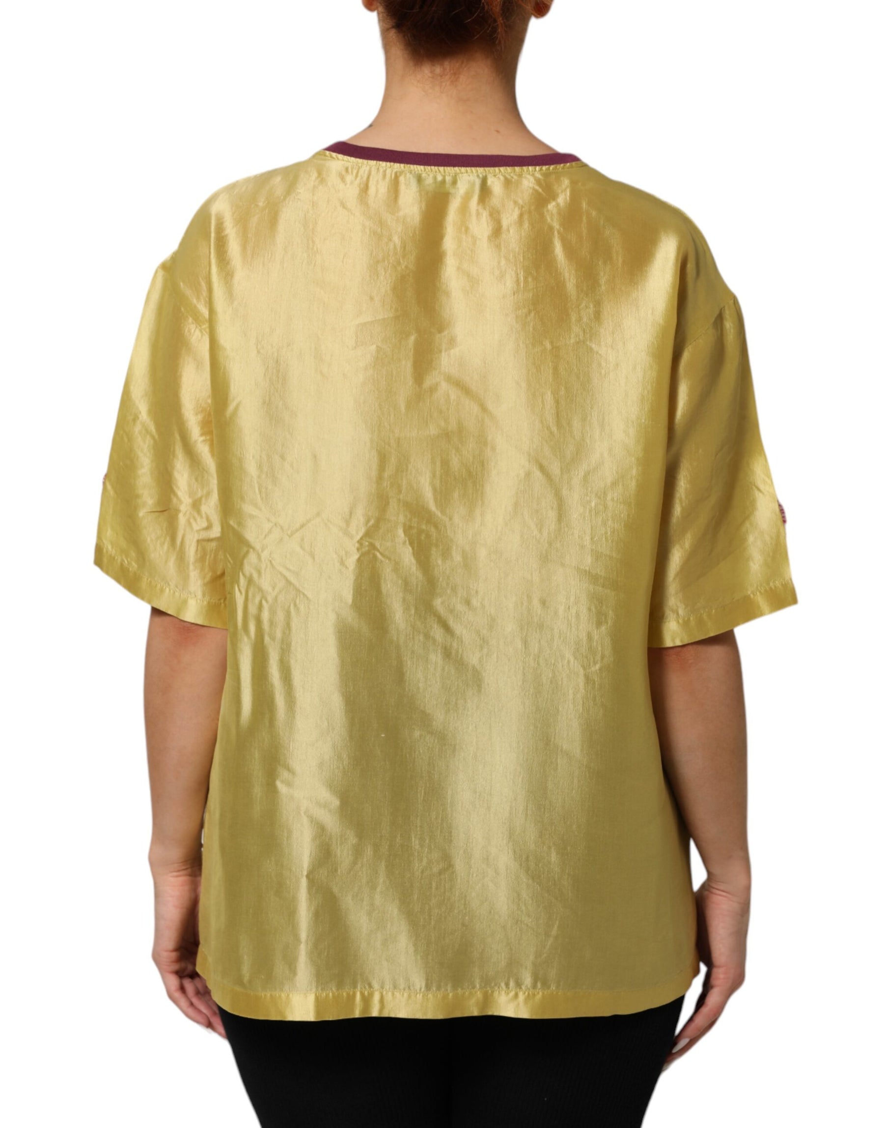 Dolce & Gabbana Yellow Silk Satin Floral Lace Short Sleeves Top | Regal Royce