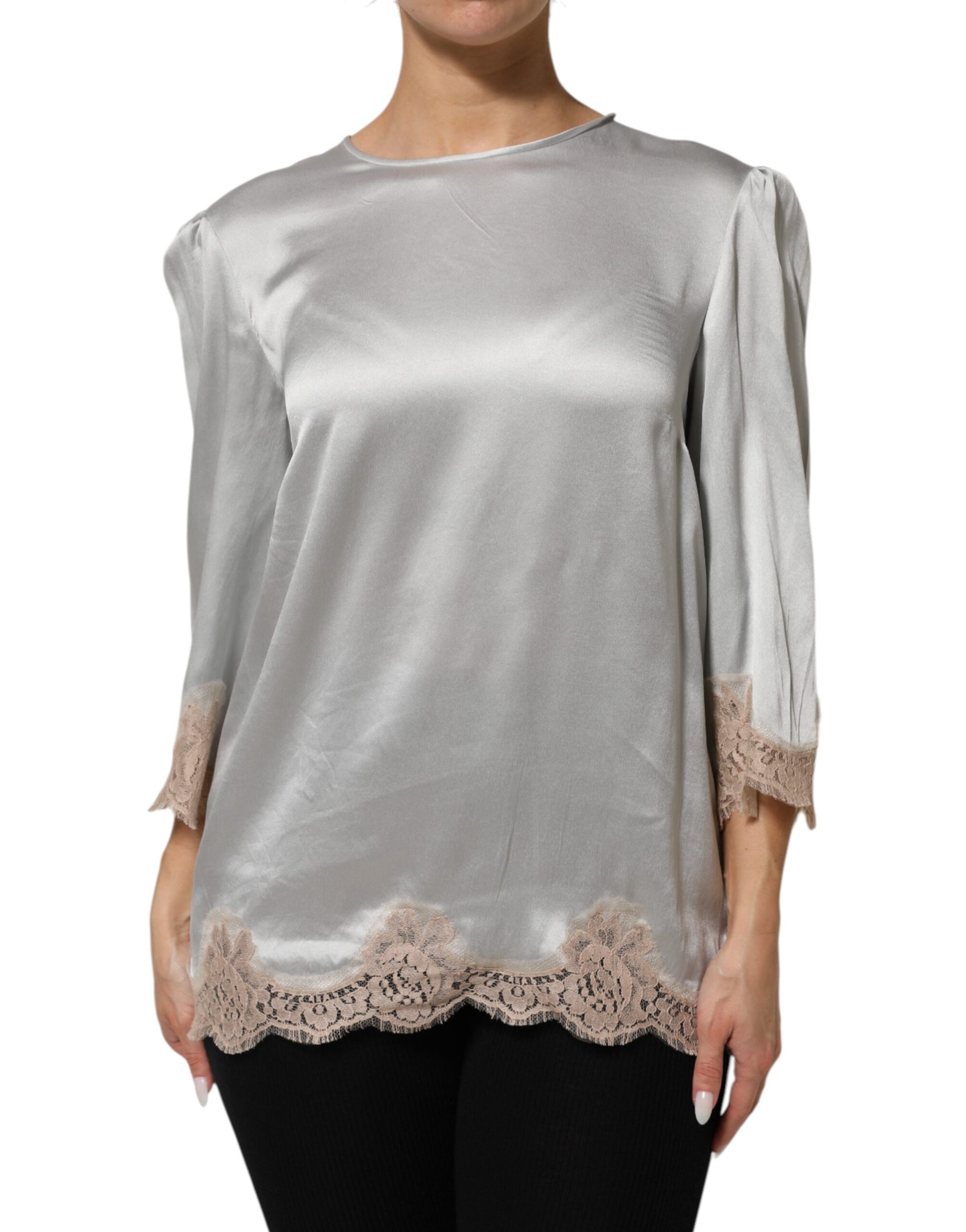 Dolce & Gabbana Gray Silk Satin Floral Lace Long Sleeve Top | Regal Royce