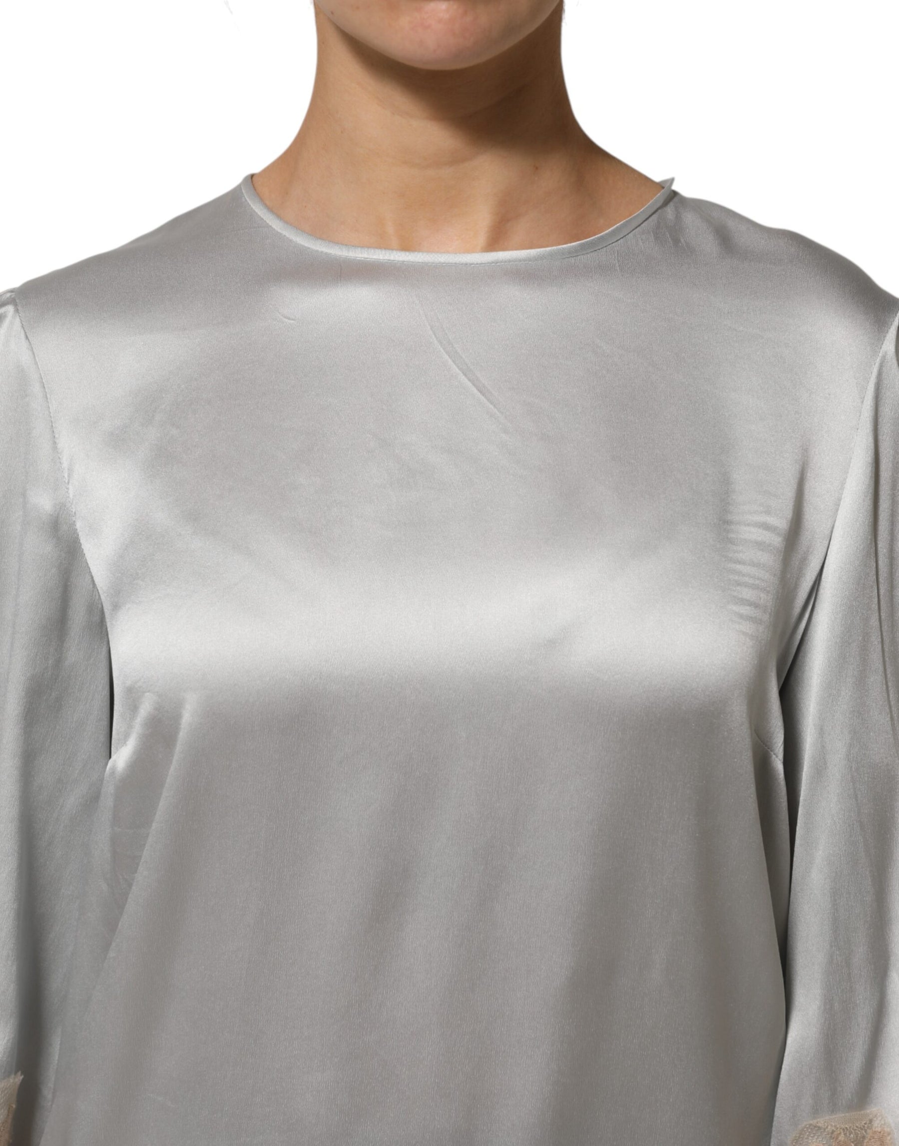 Dolce & Gabbana Gray Silk Satin Floral Lace Long Sleeve Top | Regal Royce