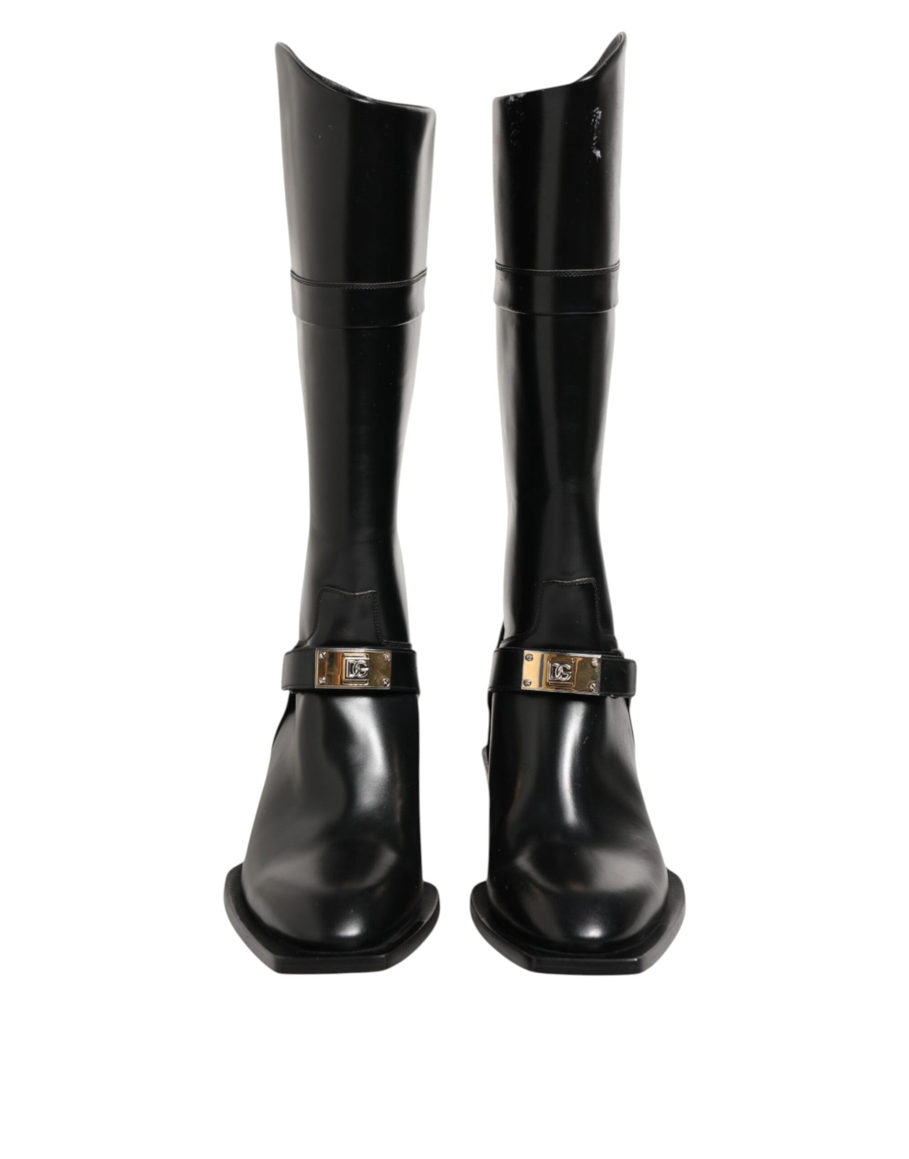 Dolce & Gabbana Black Logo Plaque Over The Calf Boots Shoes | Regal Royce