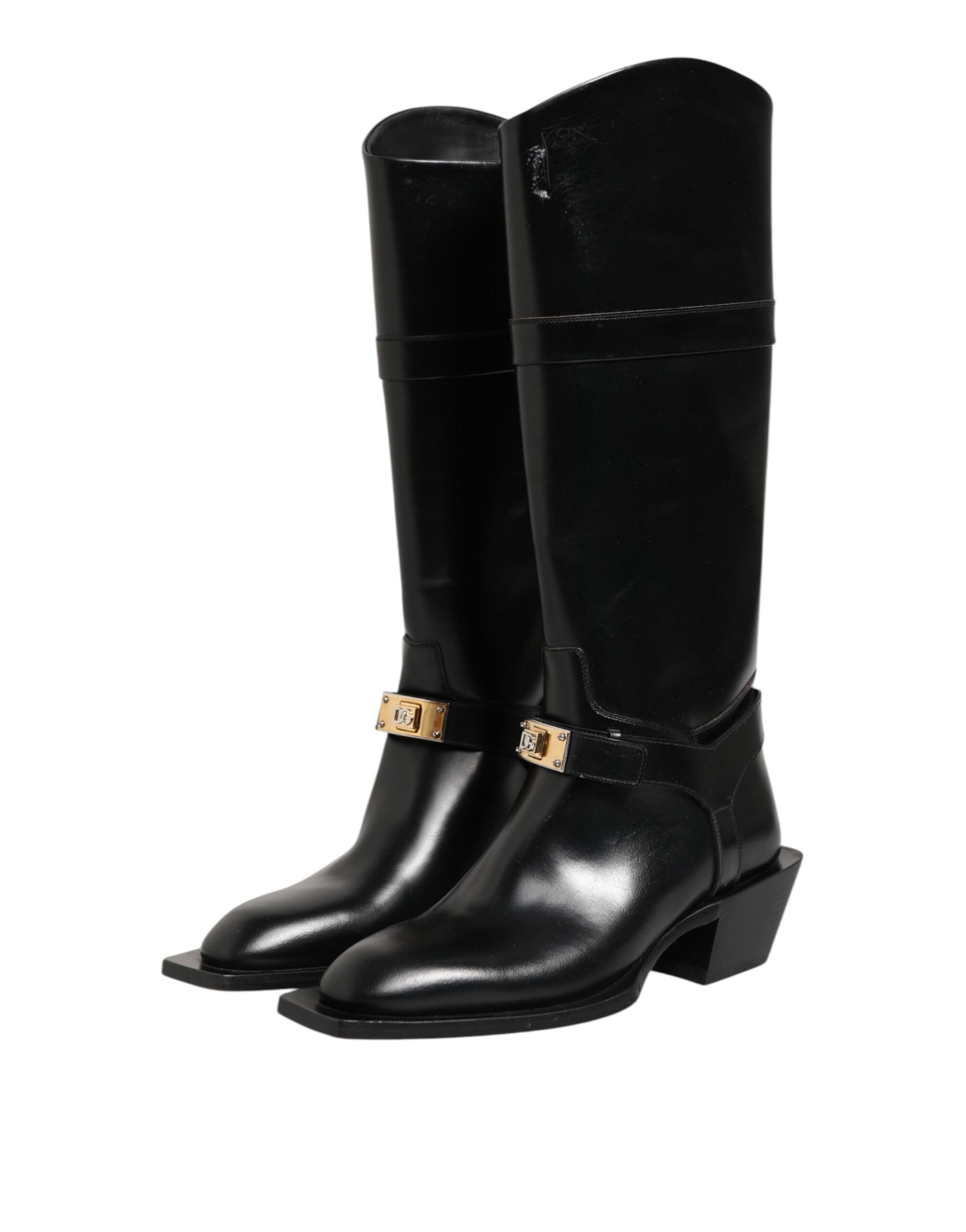 Dolce & Gabbana Black Logo Plaque Over The Calf Boots Shoes | Regal Royce