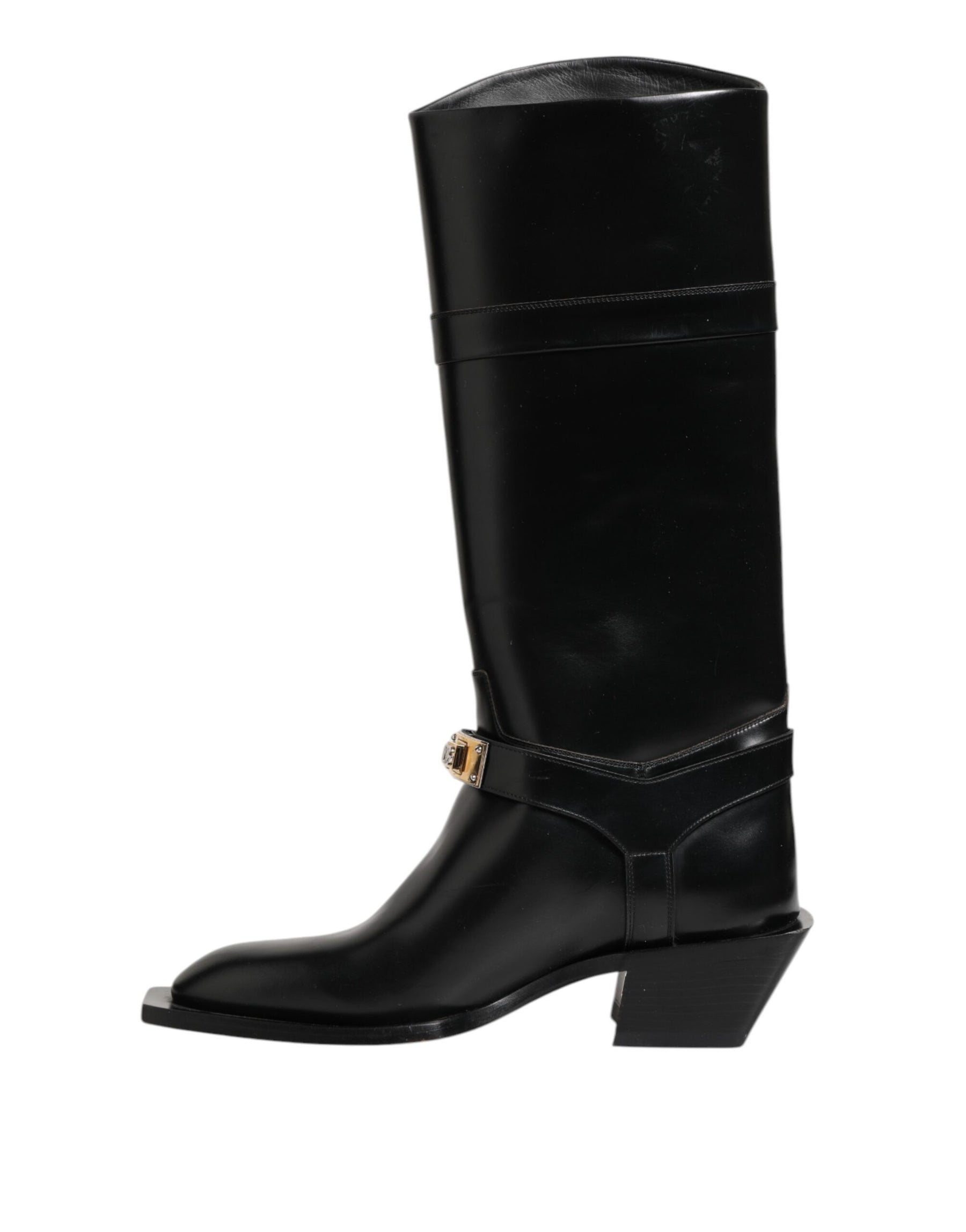 Dolce & Gabbana Black Logo Plaque Over The Calf Boots Shoes | Regal Royce