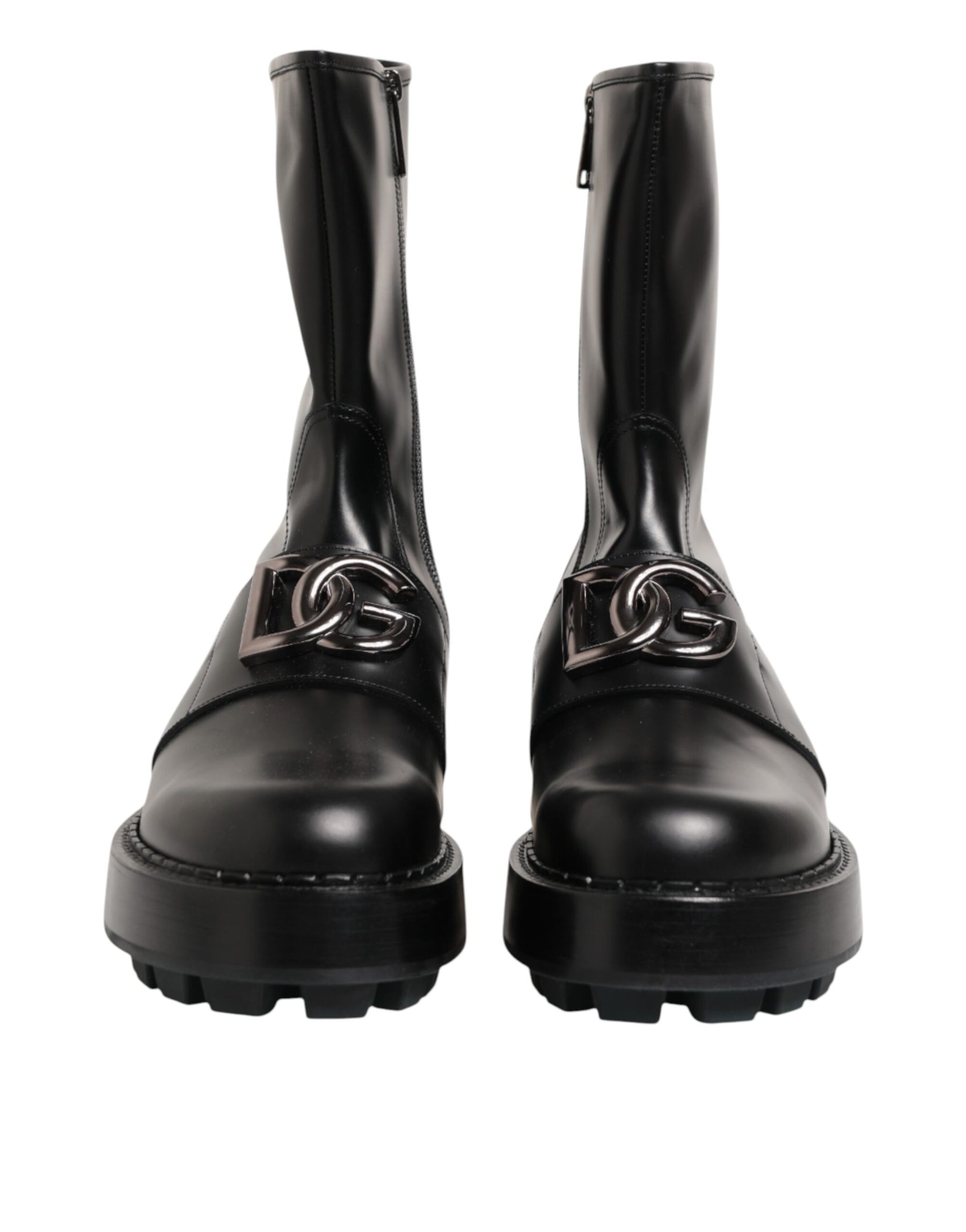Dolce & Gabbana Black Logo Plaque Mid Calf Biker Boots Shoes | Regal Royce