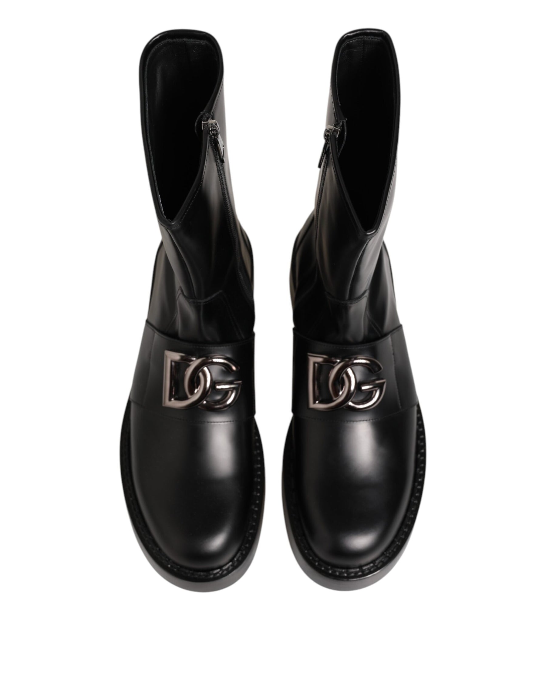 Dolce & Gabbana Black Logo Plaque Mid Calf Biker Boots Shoes | Regal Royce