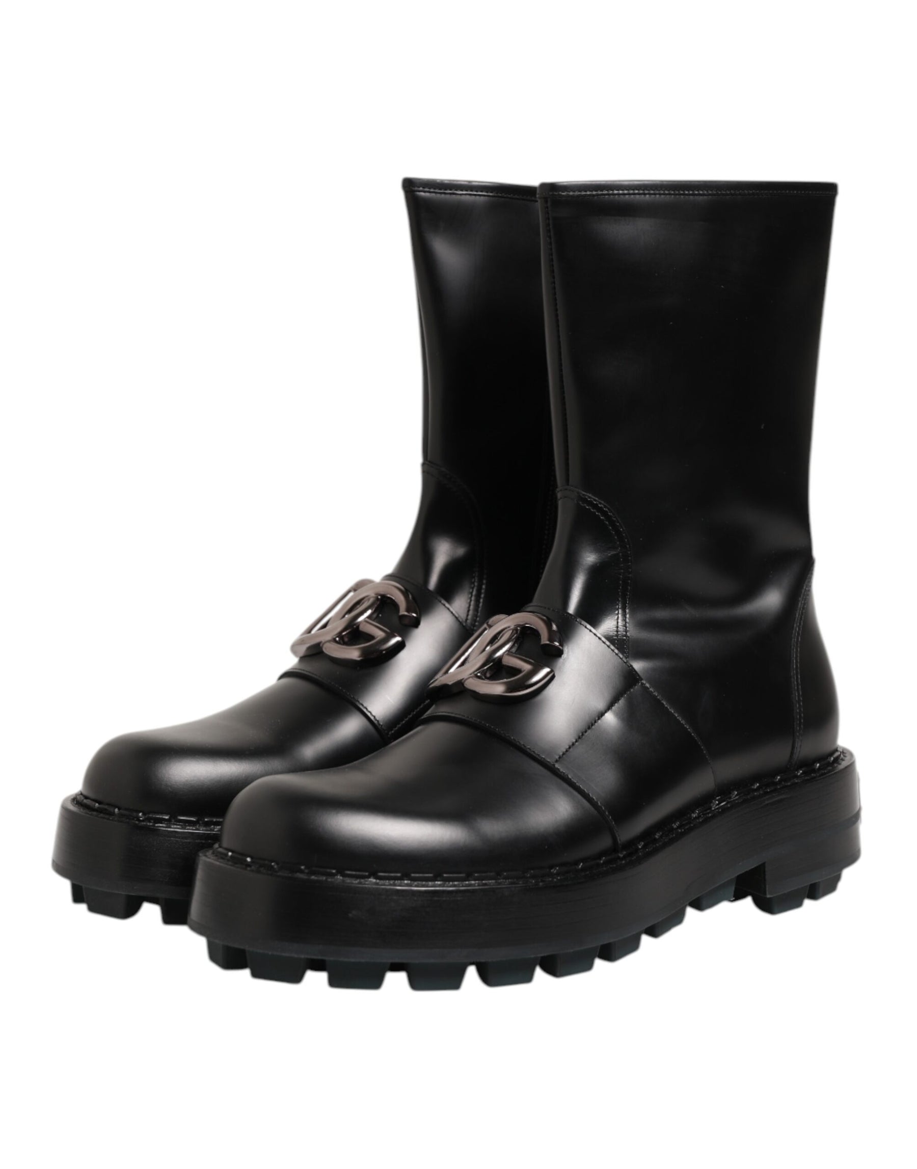 Dolce & Gabbana Black Logo Plaque Mid Calf Biker Boots Shoes | Regal Royce