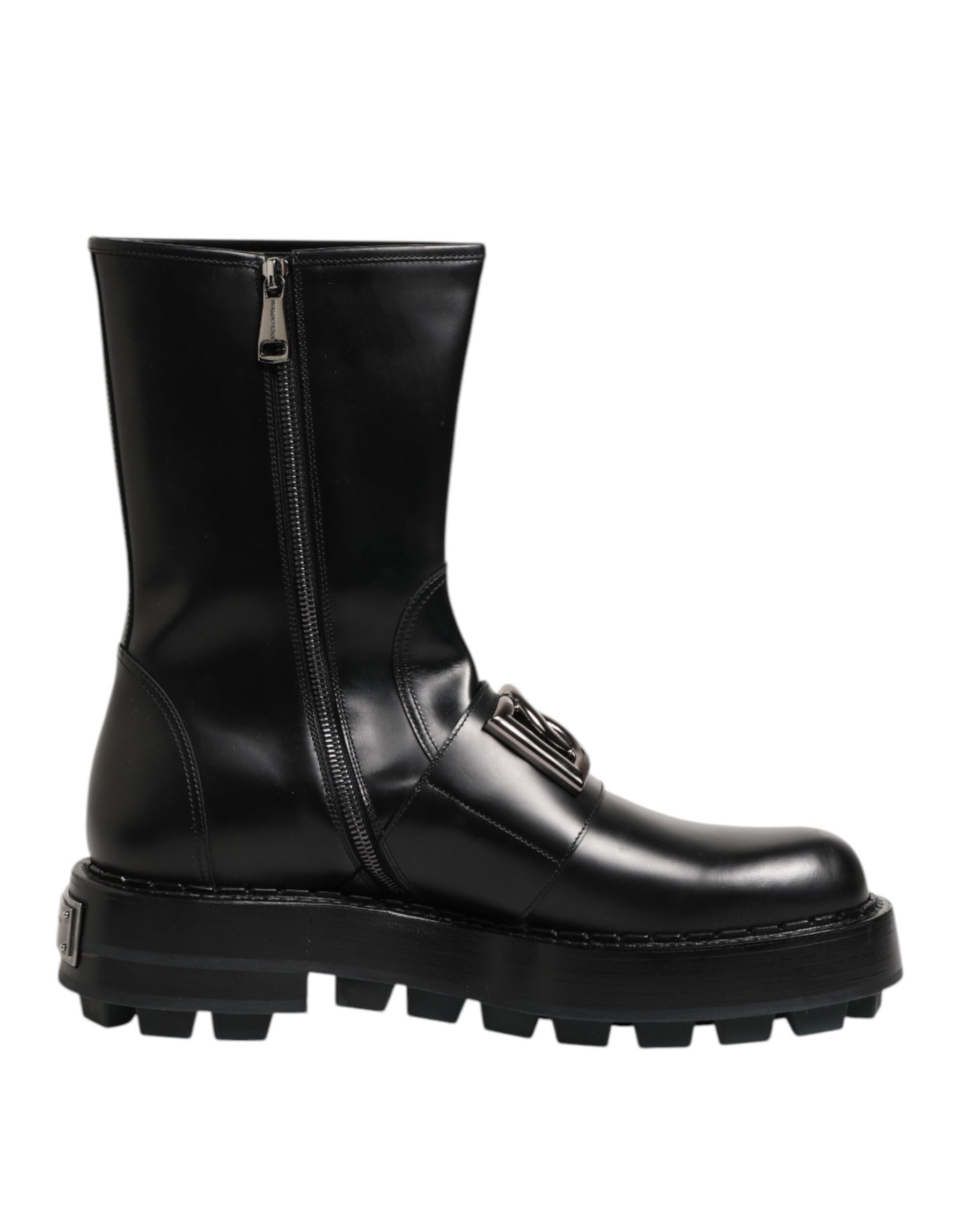Dolce & Gabbana Black Logo Plaque Mid Calf Biker Boots Shoes | Regal Royce