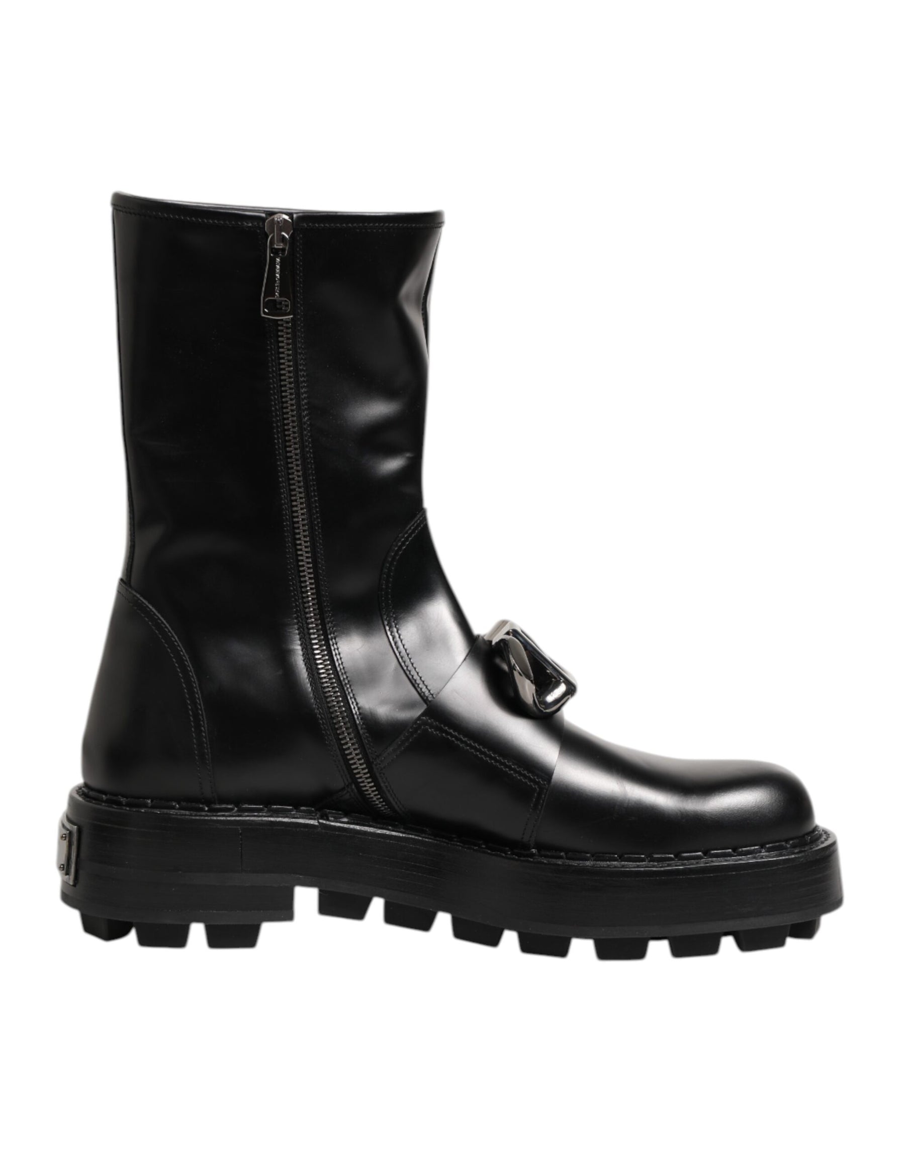 Dolce & Gabbana Black Logo Plaque Mid Calf Biker Boots Shoes | Regal Royce