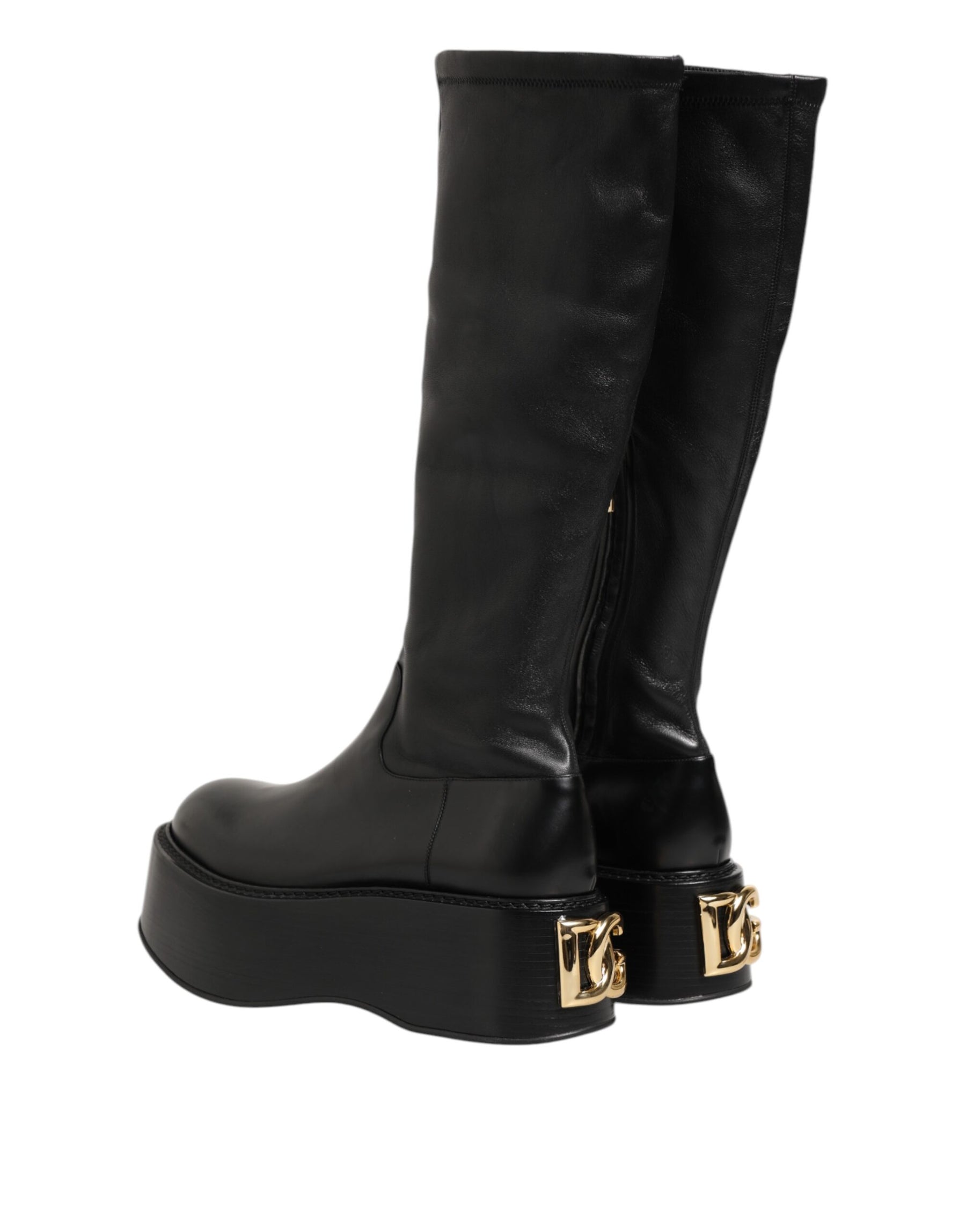 Dolce & Gabbana Black Logo Plaque Over The Calf Boots Shoes | Regal Royce