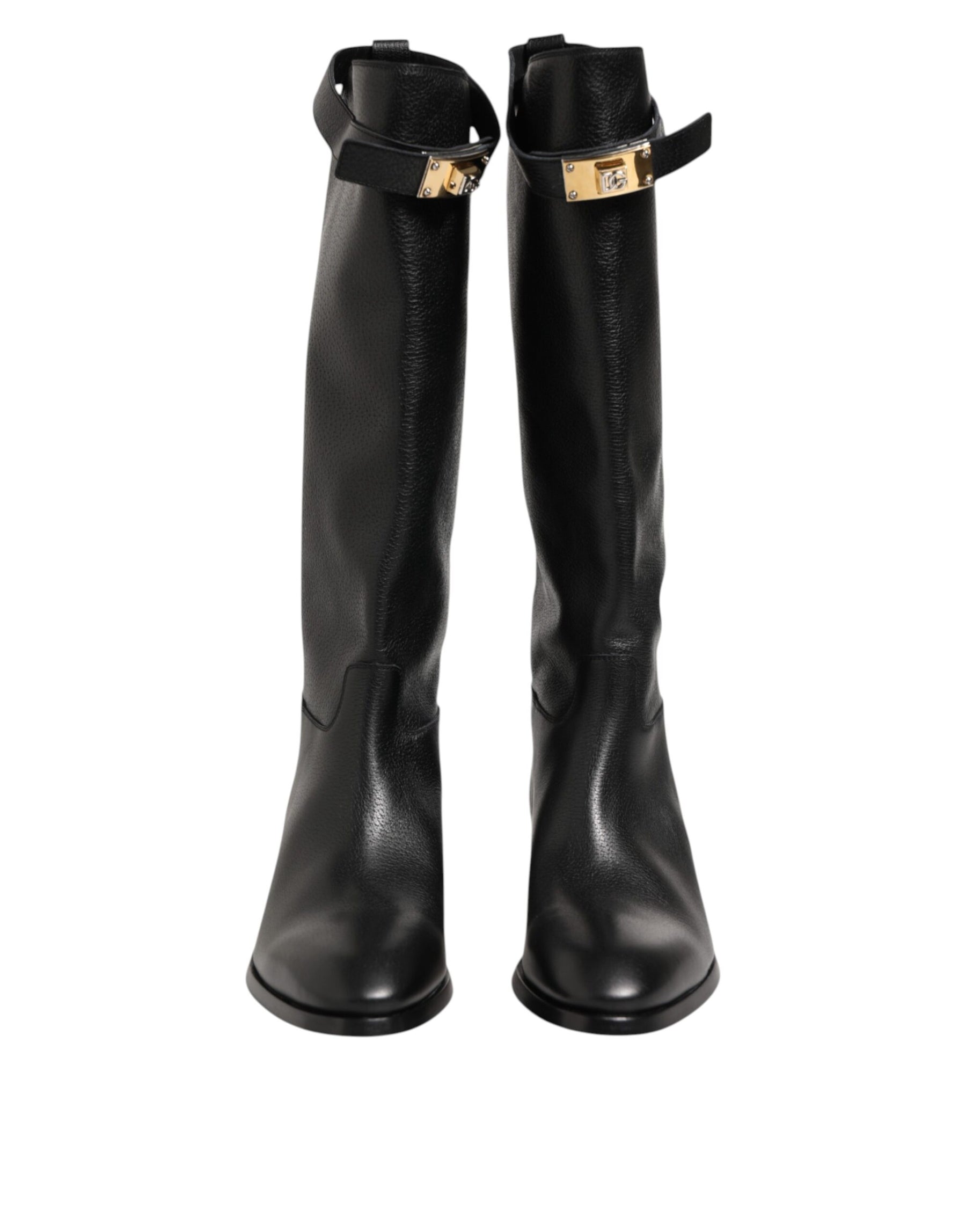 Dolce & Gabbana Black Logo Plaque Over The Calf Boots Shoes | Regal Royce