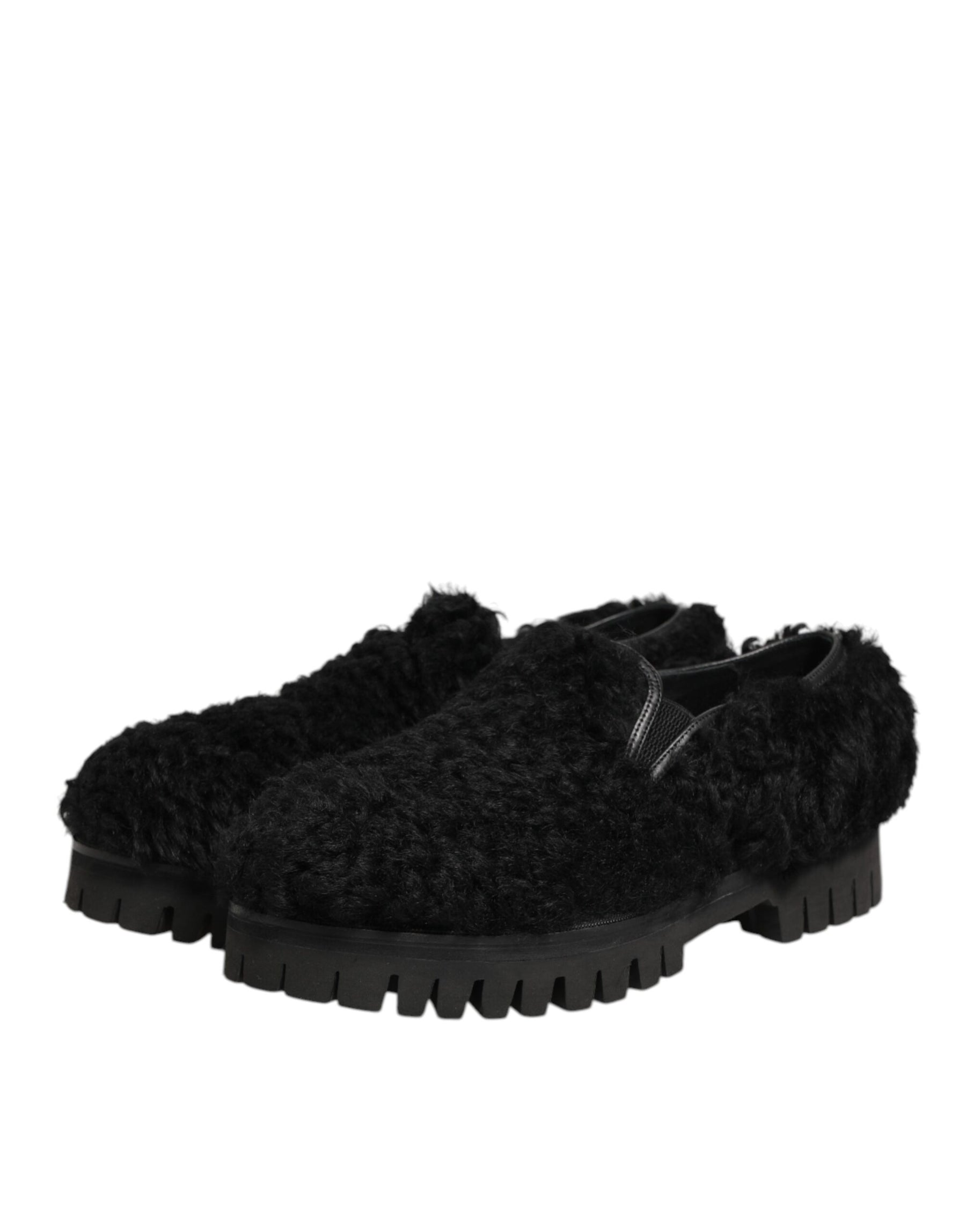 Dolce & Gabbana Dress Black Fur Leather Slippers Men Shoes | Regal Royce
