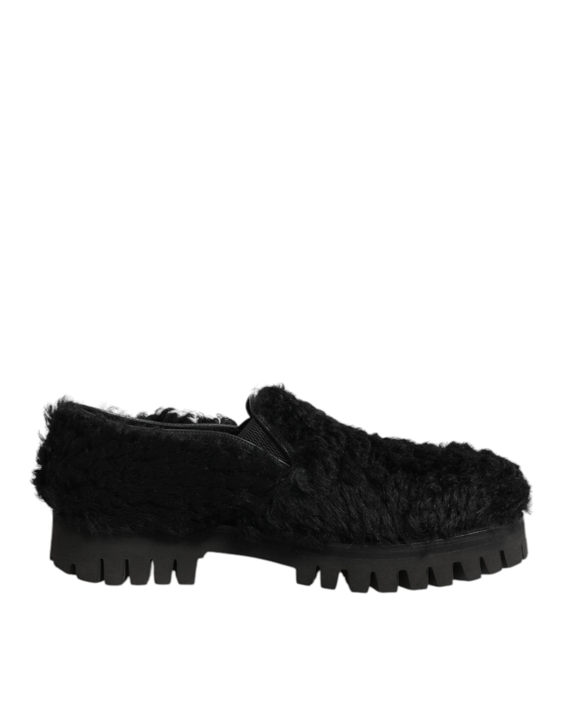 Dolce & Gabbana Dress Black Fur Leather Slippers Men Shoes | Regal Royce