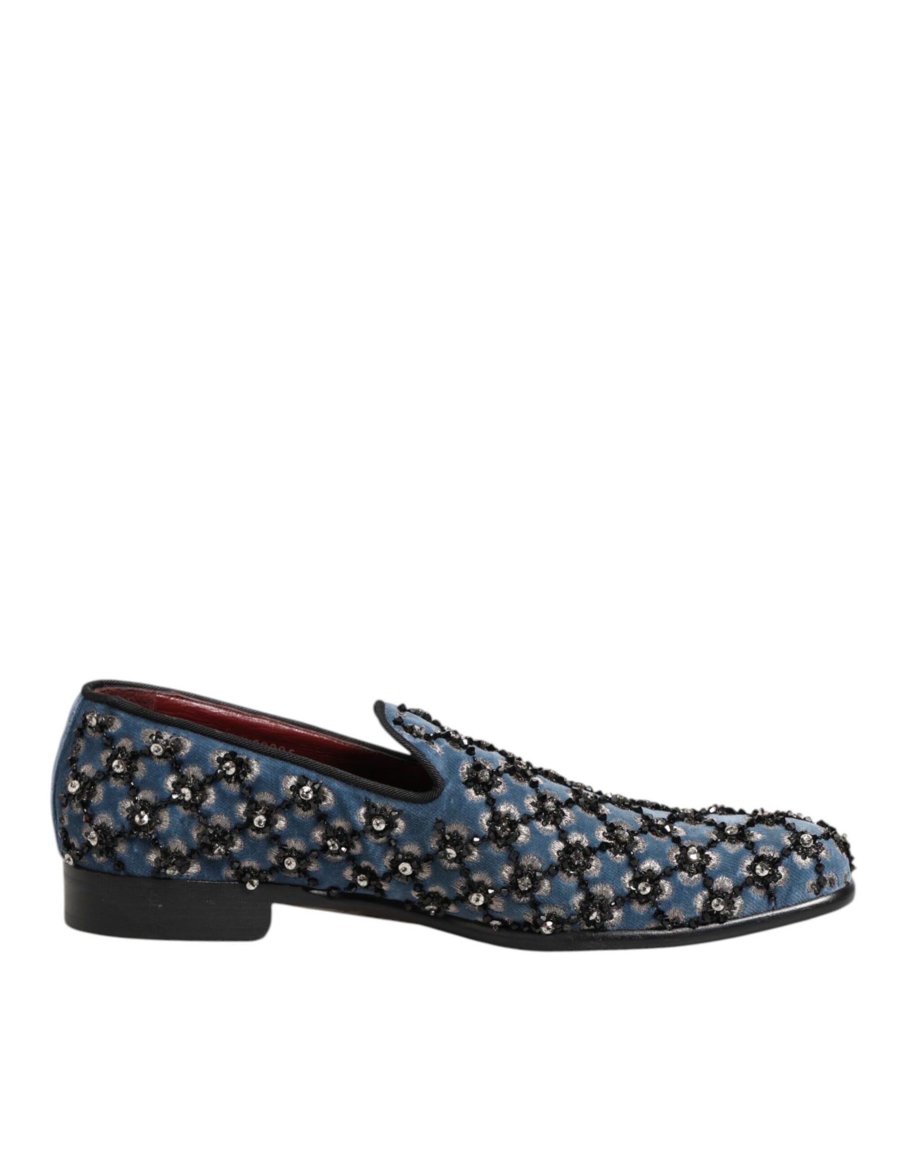 Dolce & Gabbana Blue Velvet Crystal Detailing Loafer Men Shoes | Regal Royce