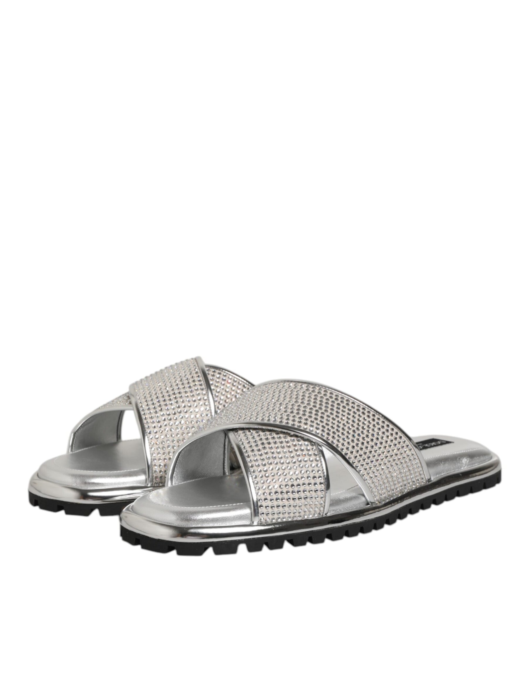 Dolce & Gabbana Silver Strass Slides Flats Slippers Shoes | Regal Royce