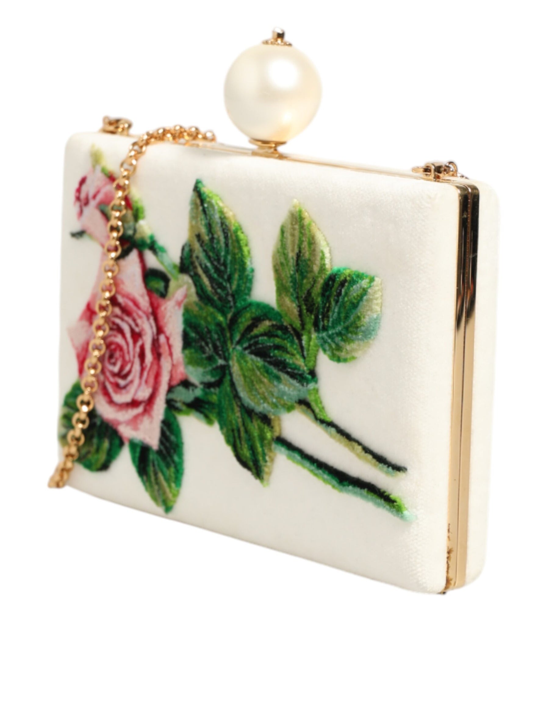 Dolce & Gabbana White Rose Embroidery Silk Gold Frame Clutch Purse Bag | Regal Royce