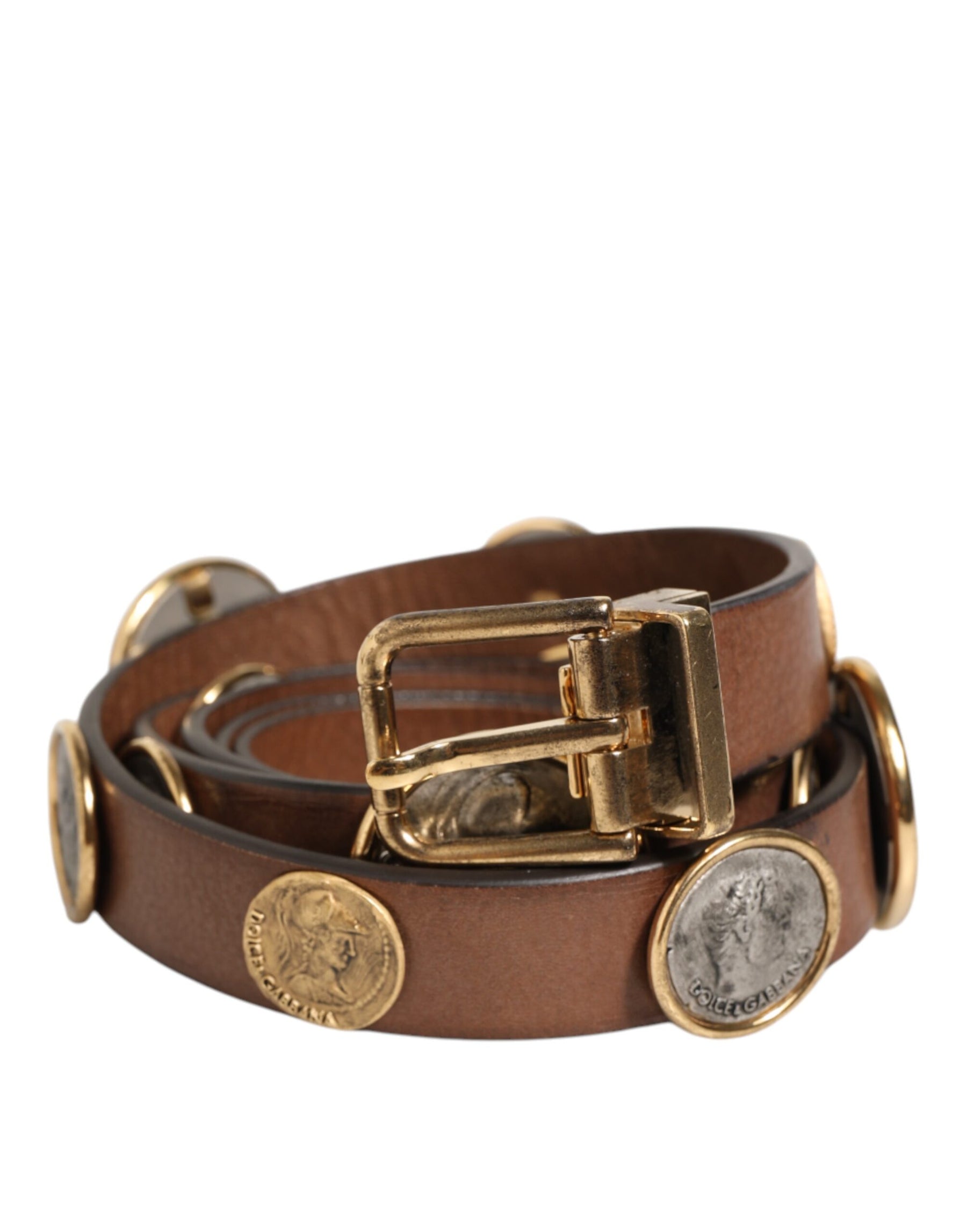 Dolce & Gabbana Brown Leather Gold Silver Coin Buckle Belt | Regal Royce