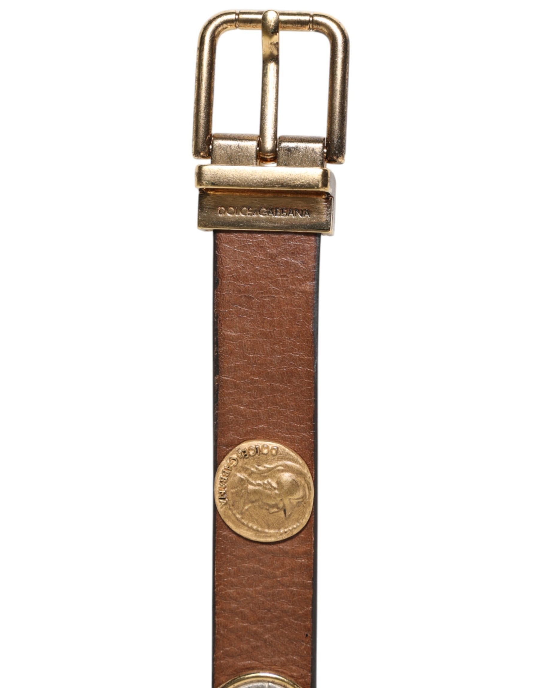 Dolce & Gabbana Brown Leather Gold Silver Coin Buckle Belt | Regal Royce