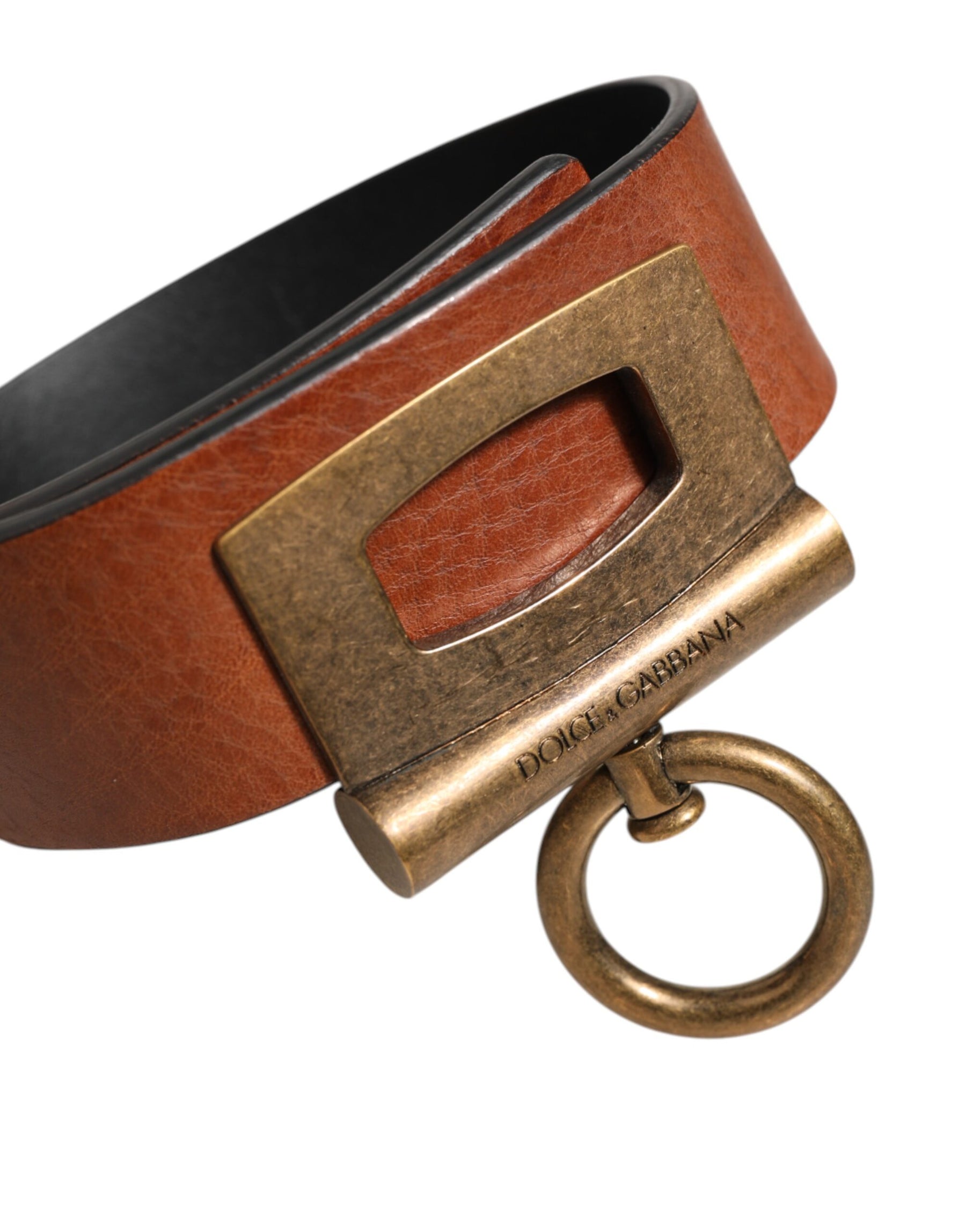 Dolce & Gabbana Brown Leather Side Rings Brass Buckle Belt | Regal Royce