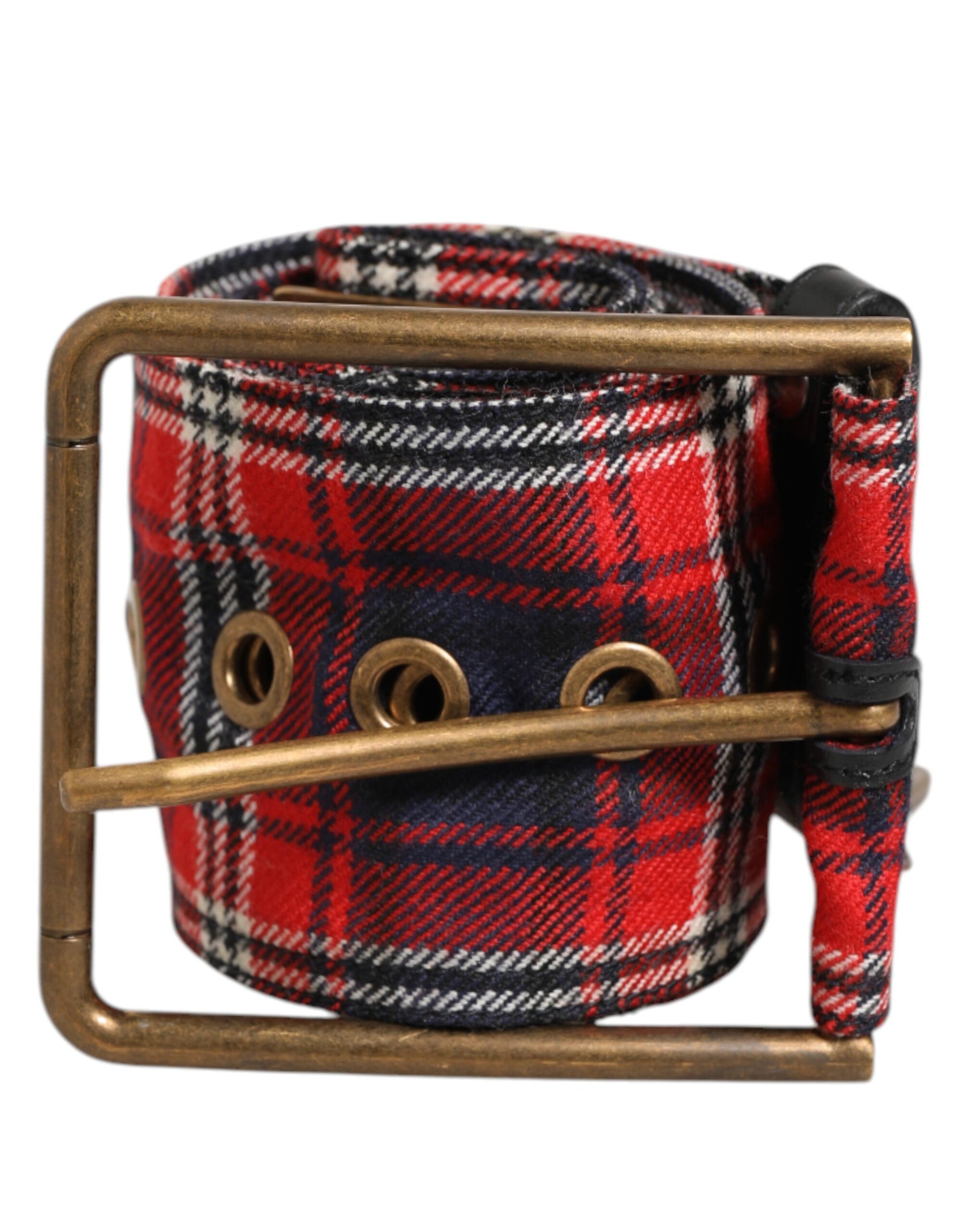 Dolce & Gabbana Red Plaid Fabric Logo Plate Brass Buckle Belt | Regal Royce
