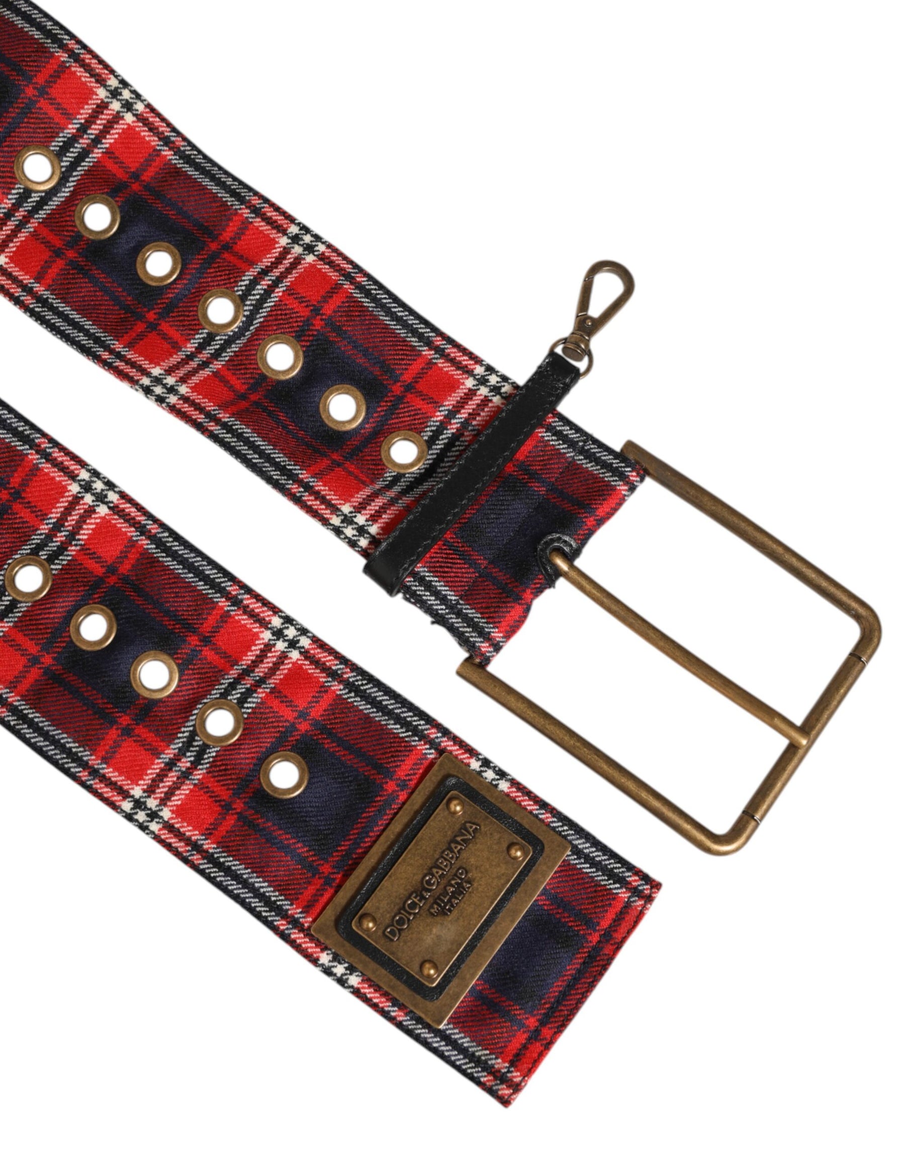 Dolce & Gabbana Red Plaid Fabric Logo Plate Brass Buckle Belt | Regal Royce