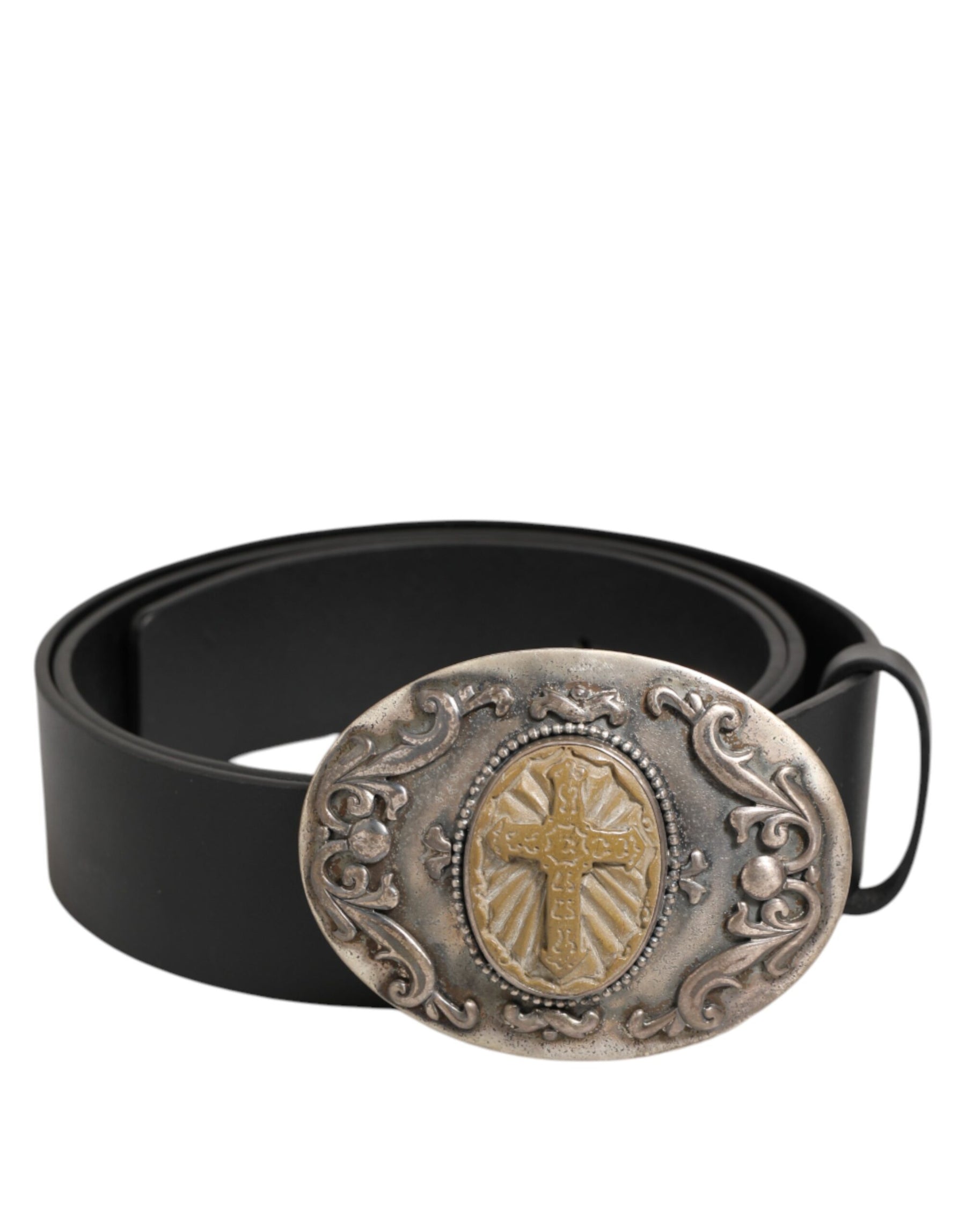 Dolce & Gabbana Black Leather Ornate Metal Buckle Men Belt | Regal Royce